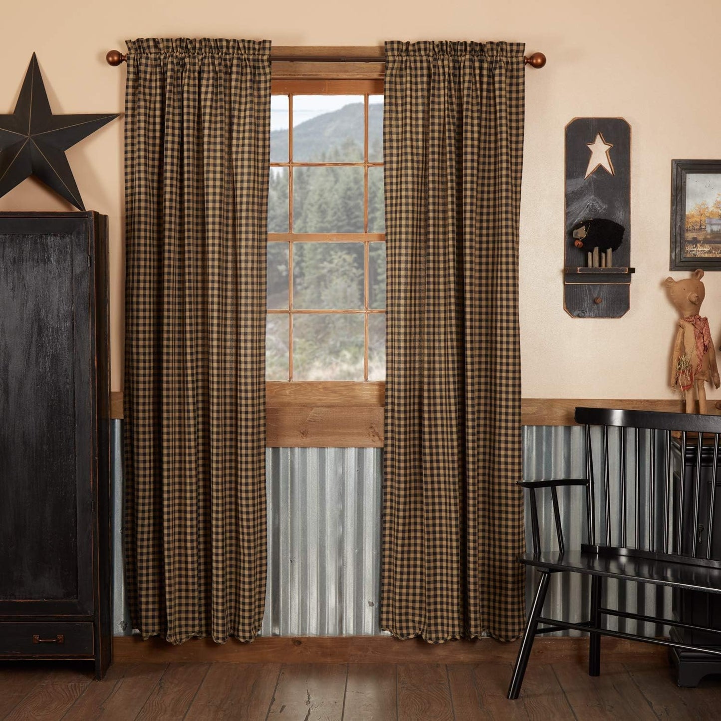 VHC Brands Black Check Scalloped Short Panel Set of 2 63x36 Country Curtains, Black and Tan