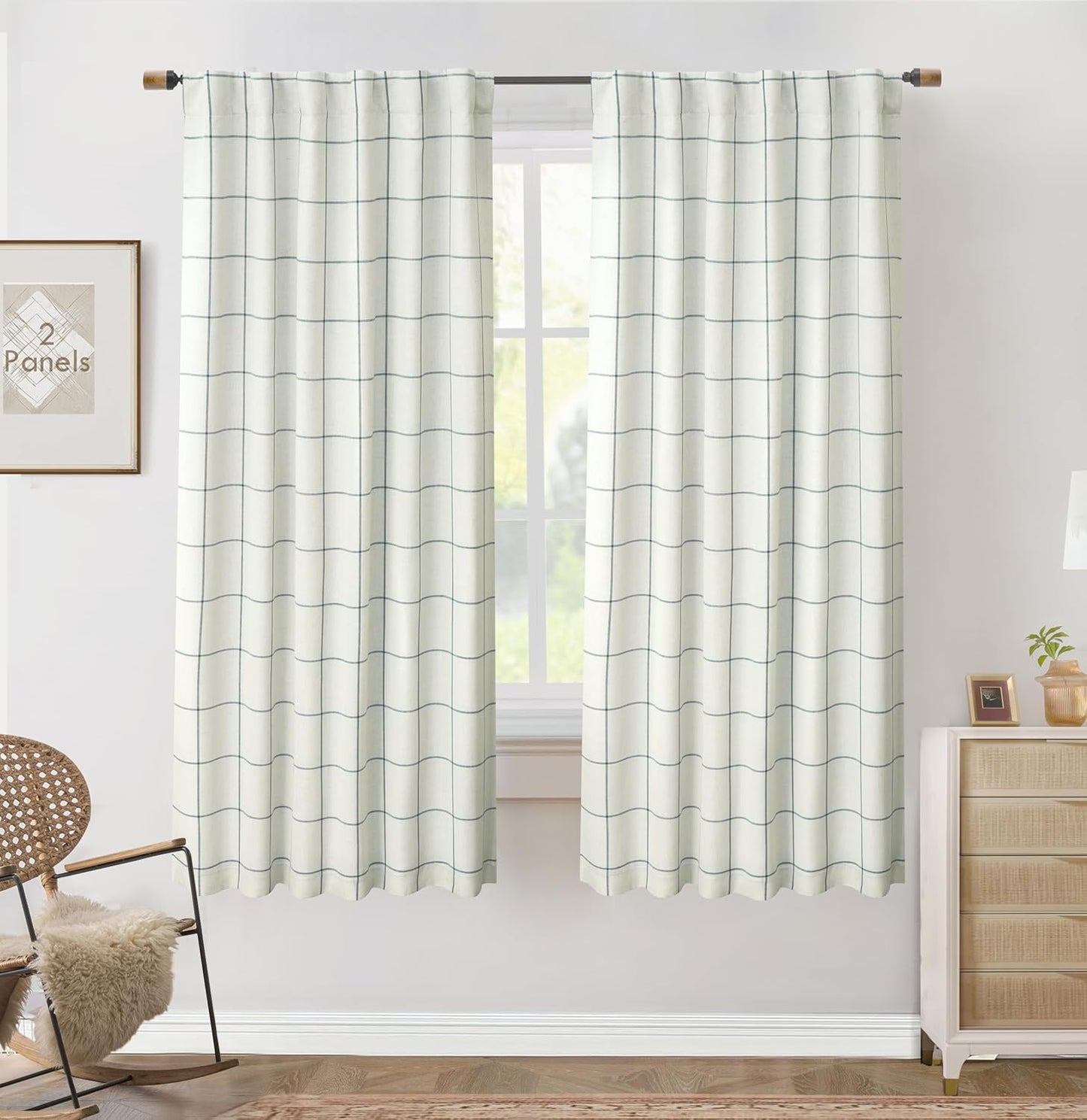 DriftAway 2 Panels 100% Blackout Windowpane Plaid Linen Curtains Double Layer Drapes for Bedroom 90 Inches Long Farmhouse Thermal Insulated 3.25 Inch Rod Pocket Back Tab for Living Room Black