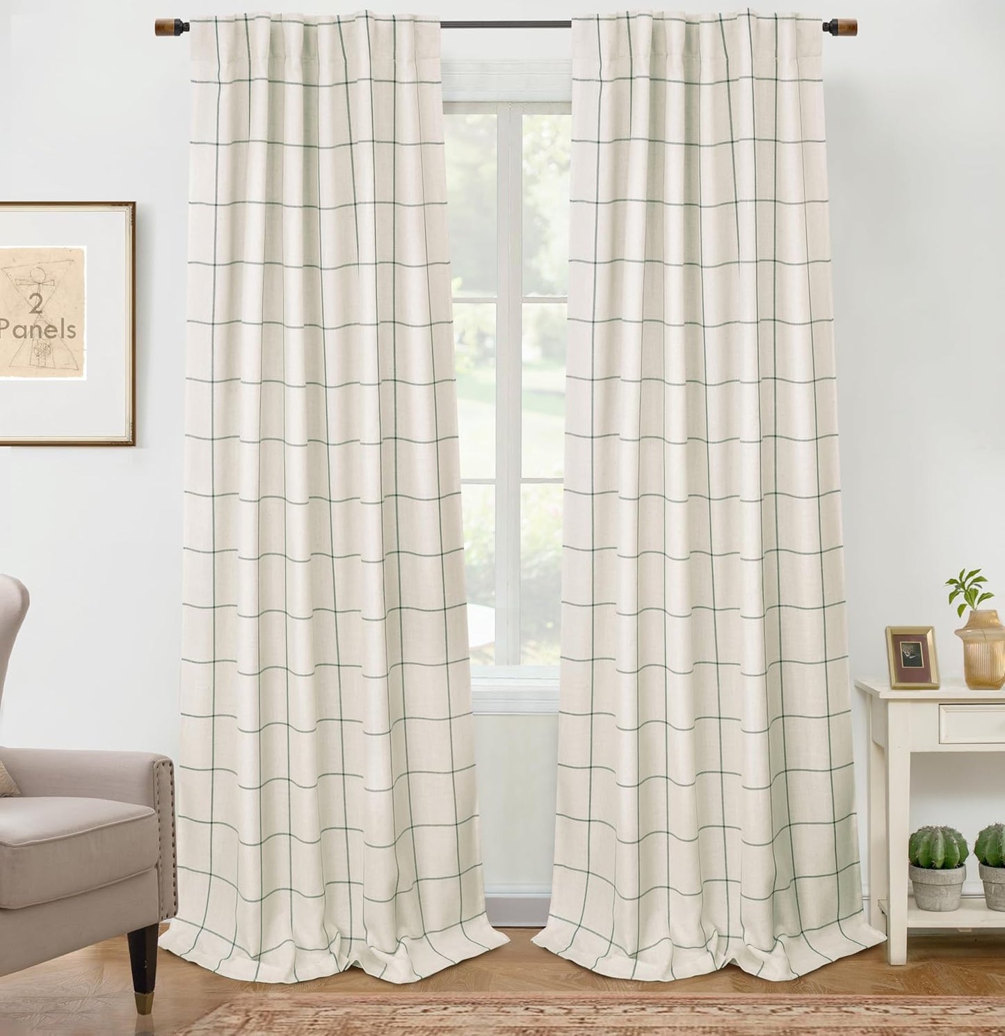 DriftAway 2 Panels 100% Blackout Windowpane Plaid Linen Curtains Double Layer Drapes for Bedroom 90 Inches Long Farmhouse Thermal Insulated 3.25 Inch Rod Pocket Back Tab for Living Room Black