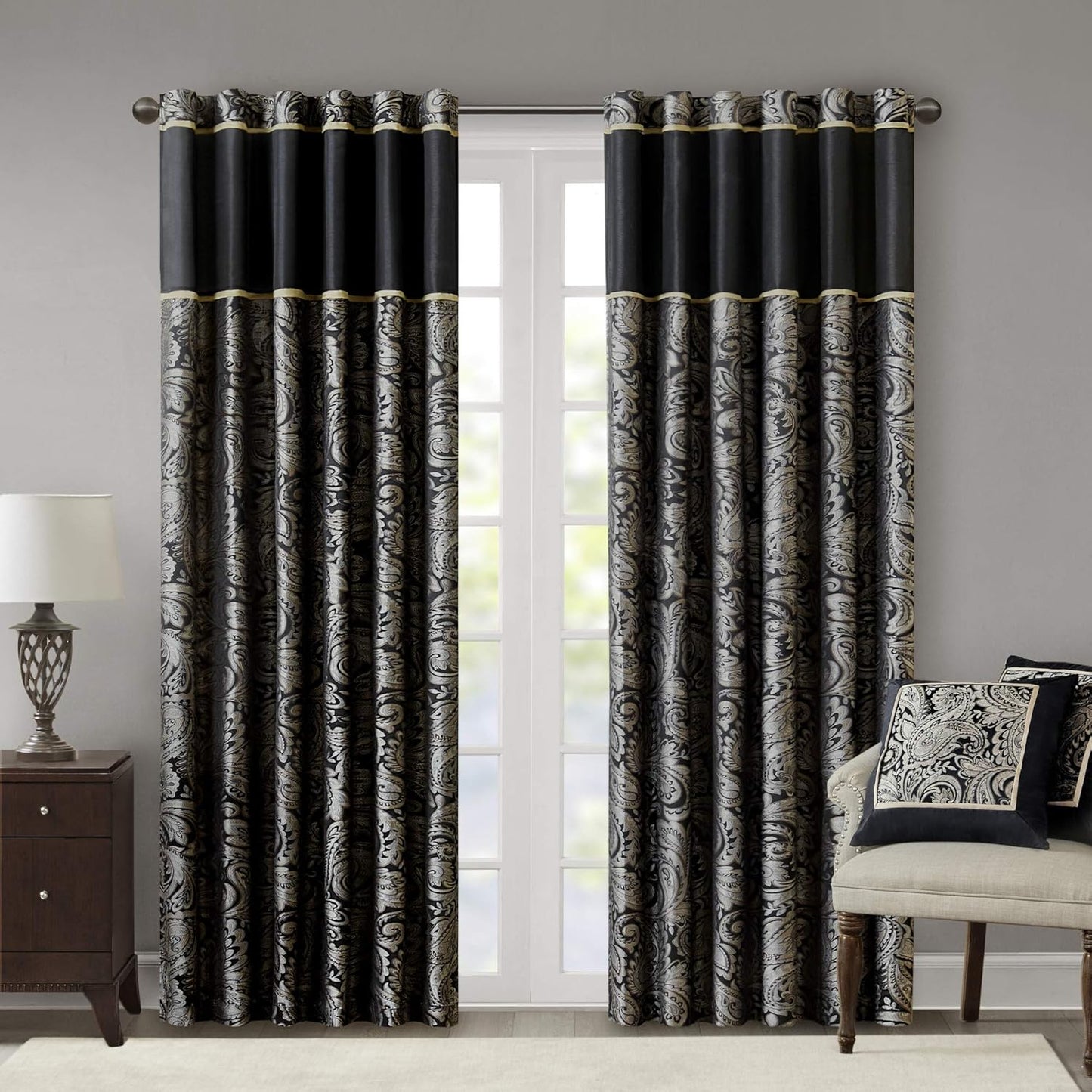 Madison Park Aubrey 2 Panel Curtain Faux Silk Paisley Jacquard, Rod Pocket Curtain For Living Room, Kitchen, Room Darkening Window Drape for Bedroom and Dorm, 2-PK 50x84", Navy