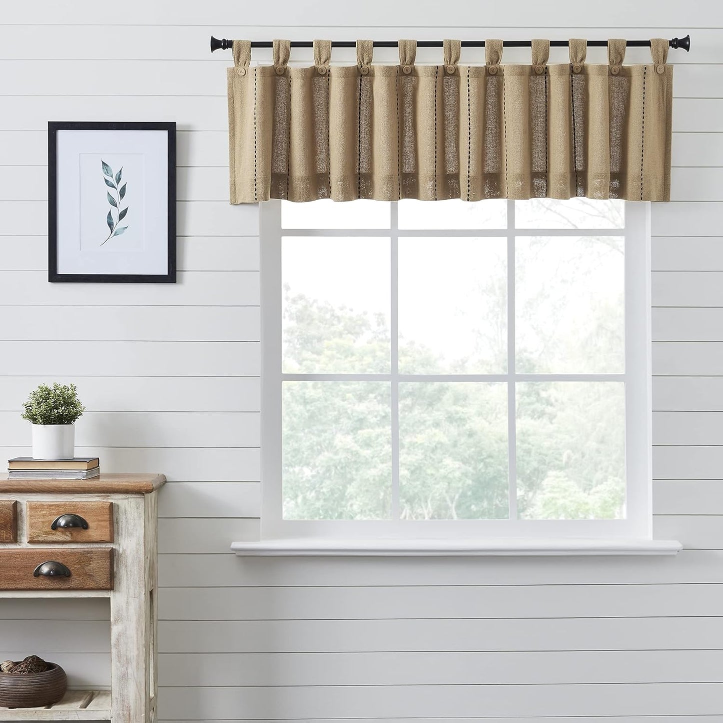 VHC Brands Black Check Scalloped Short Panel Set of 2 63x36 Country Curtains, Black and Tan