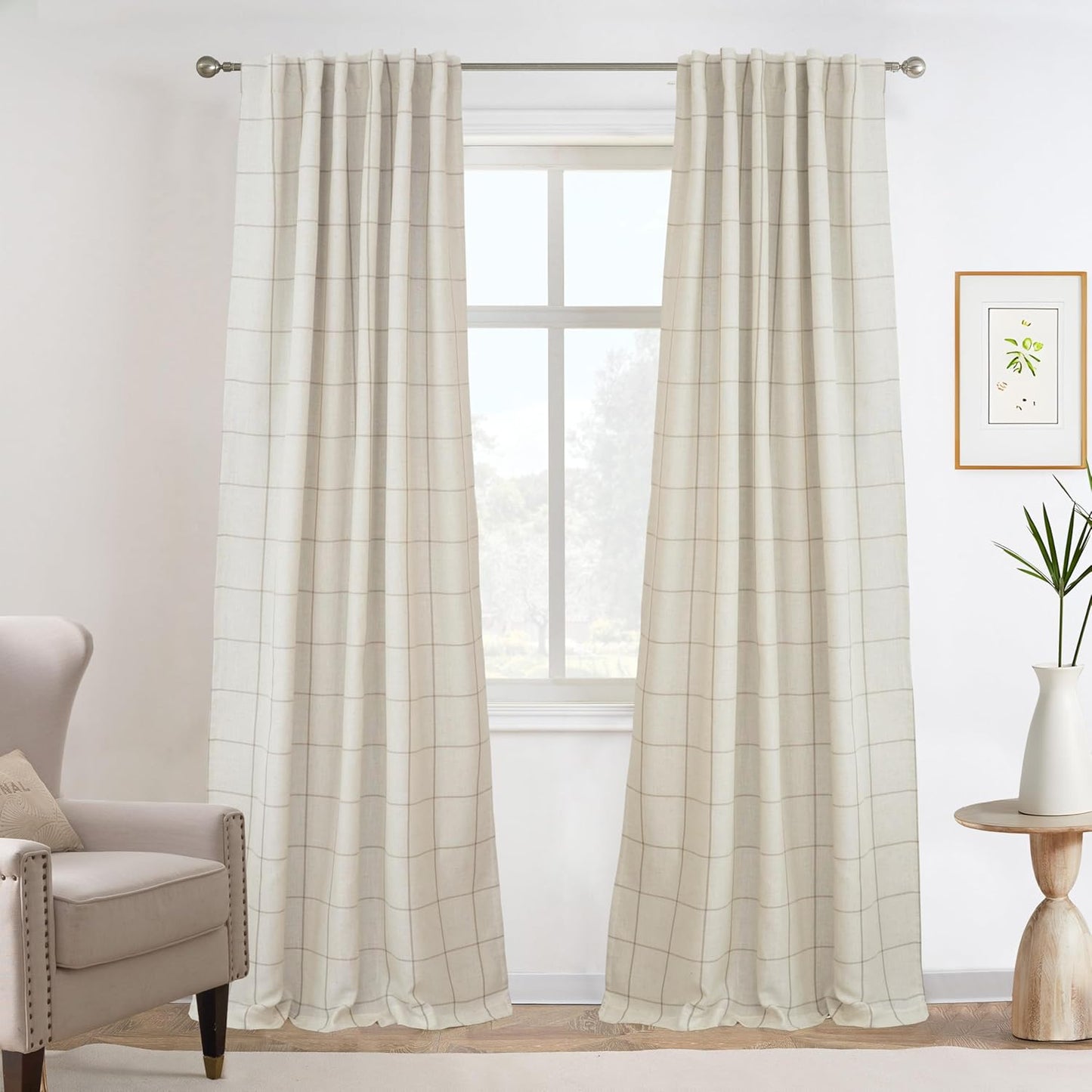 DriftAway 2 Panels 100% Blackout Windowpane Plaid Linen Curtains Double Layer Drapes for Bedroom 90 Inches Long Farmhouse Thermal Insulated 3.25 Inch Rod Pocket Back Tab for Living Room Black
