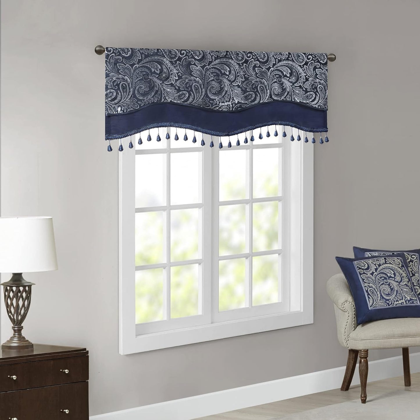 Madison Park Aubrey 2 Panel Curtain Faux Silk Paisley Jacquard, Rod Pocket Curtain For Living Room, Kitchen, Room Darkening Window Drape for Bedroom and Dorm, 2-PK 50x84", Navy