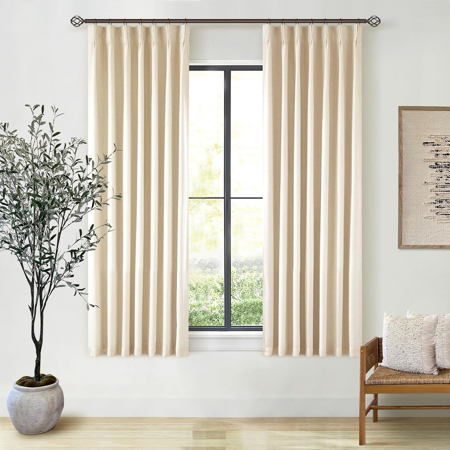 Beige Blackout Cafe Curtains 45 Inch Length 2 Panel Set Pinch Pleated Back Tab Linen Blend Black Out Short Curtains Boho Farmhouse Thermal Insulated Small Window Drapes for Bathroom Kitchen RV