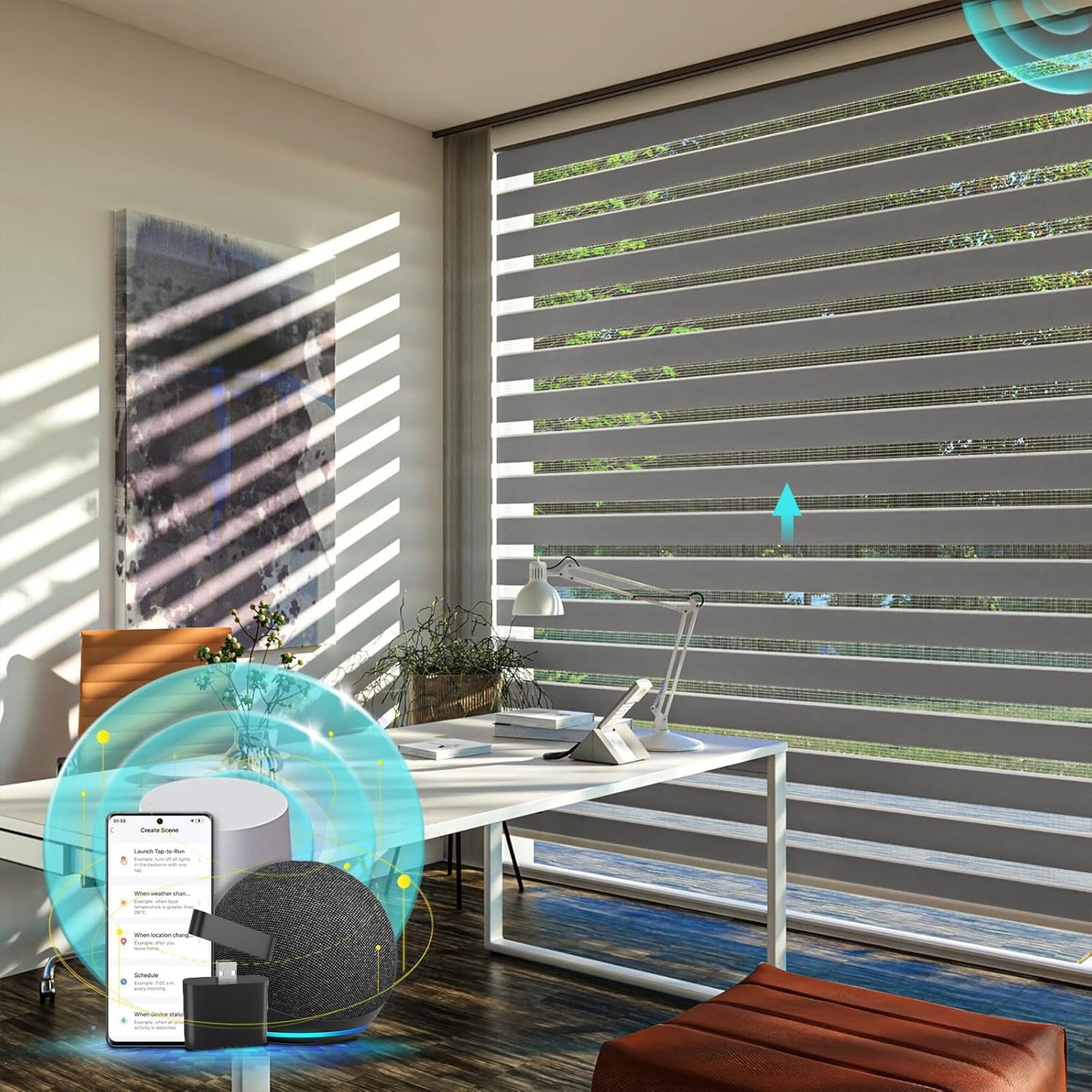 Motorized Zebra Blinds with remorte, 70% Blackout Smart Blinds Custom Size Electric Zebra Shades Compatible with Alexa/Google,White, 34''Wx72''H