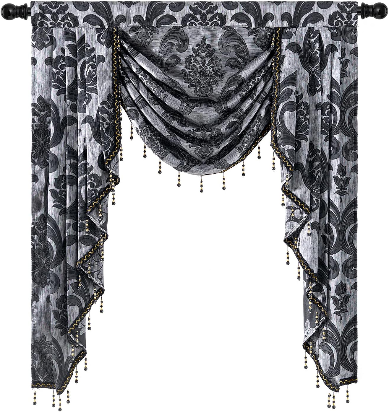 NAPEARL Jabot Curtains Valances and Swags-European Style Kitchen Window Valance, Luxury Jacquard Waterfall Valance Curtains for Living Room (1 Black Valance, 81-Inch Wide)