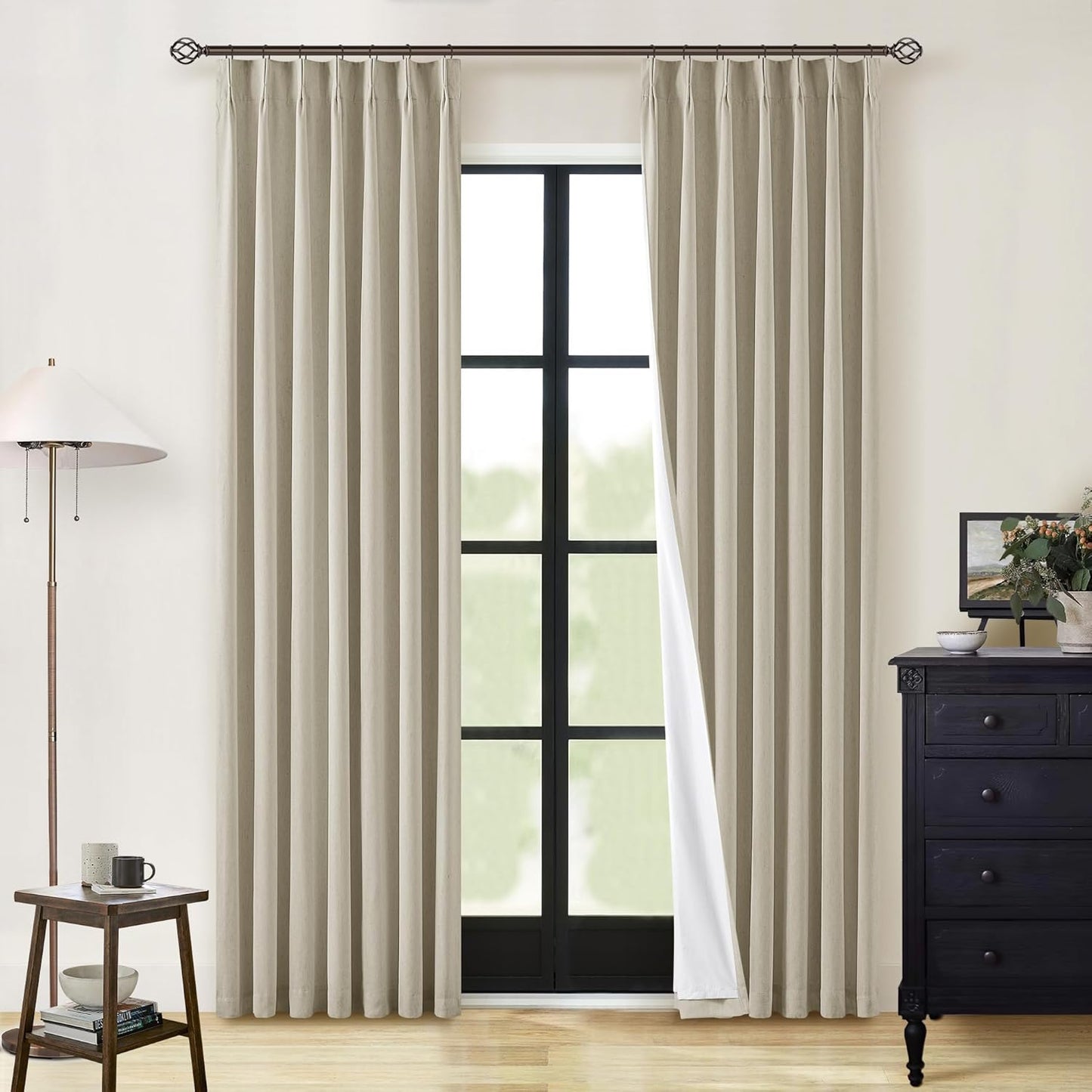 Beige Blackout Cafe Curtains 45 Inch Length 2 Panel Set Pinch Pleated Back Tab Linen Blend Black Out Short Curtains Boho Farmhouse Thermal Insulated Small Window Drapes for Bathroom Kitchen RV