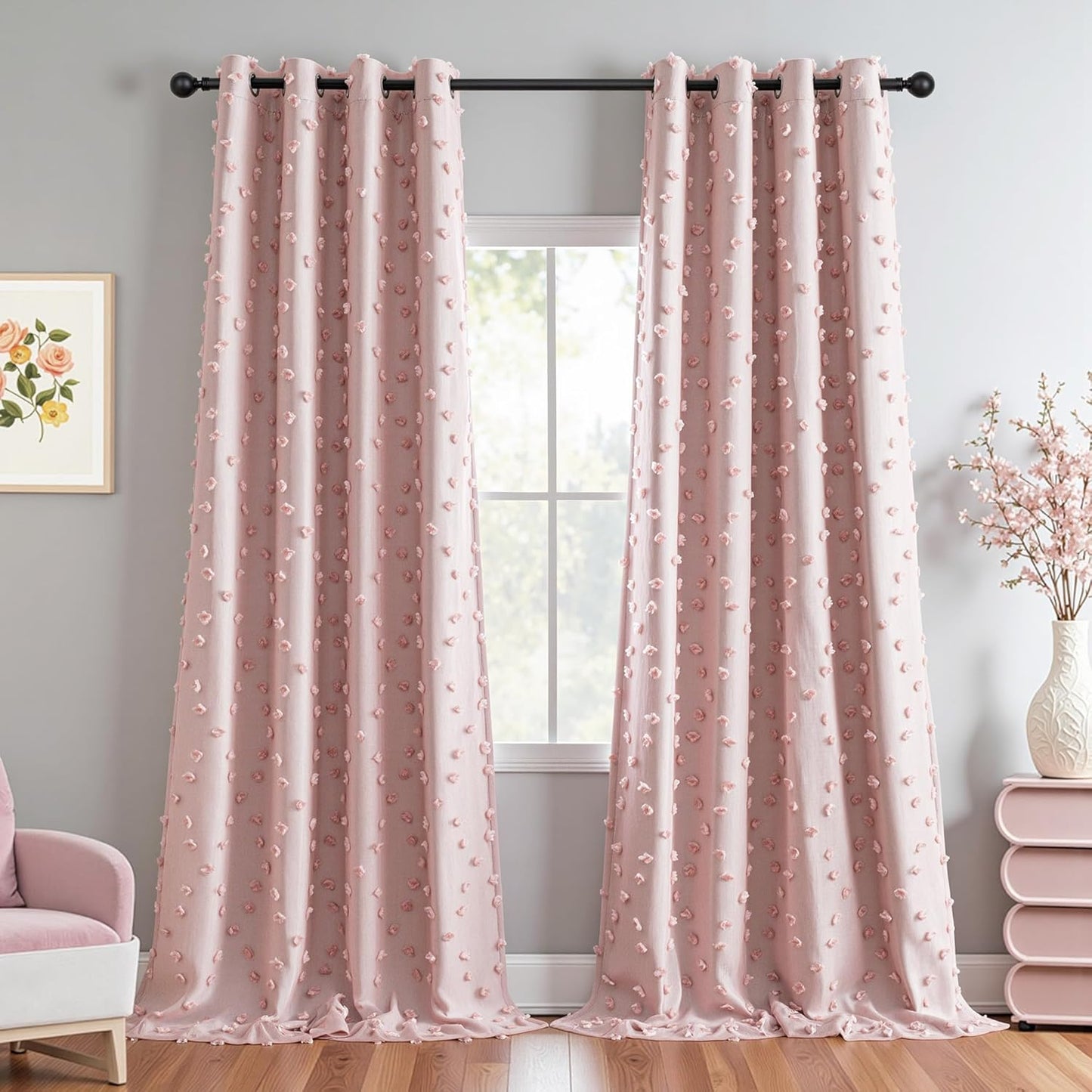 MYSKY HOME 100% Blackout Curtains for Nursery Thermal Insulated Pink Pom Pom Curtains 72 Inch Length for Girls Bedroom 2 Panels Grommet White Sheer Curtains for Kitchen Dining Room Door, 52W x 72L