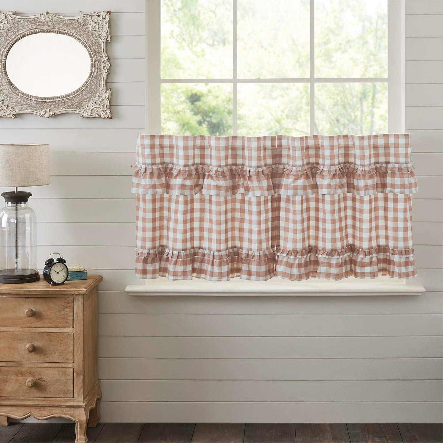 VHC Brands Annie Buffalo Check Cotton Farmhouse Kitchen Curtains Rod Pocket Hanging Loops Ruffling 36x36 Tier Pair, Red Country