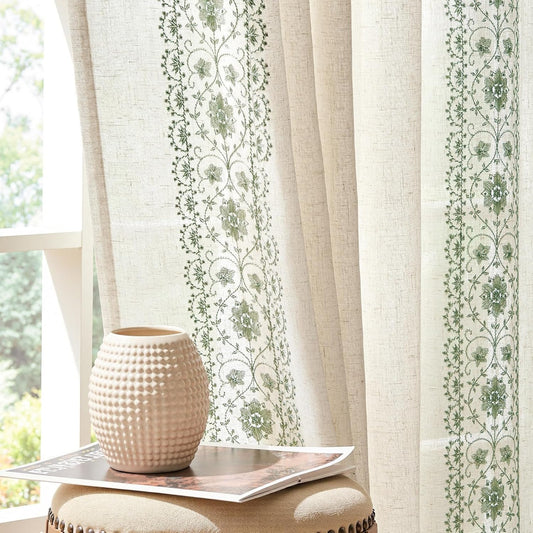 jinchan Linen Curtains for Bedroom 84 Inches Long Sage Green Vintage Floral Farmhouse Curtains Linen Blend Drapes for Living Room Embroidered Natural Light Filtering Drapes Sage on Beige 2 Panels