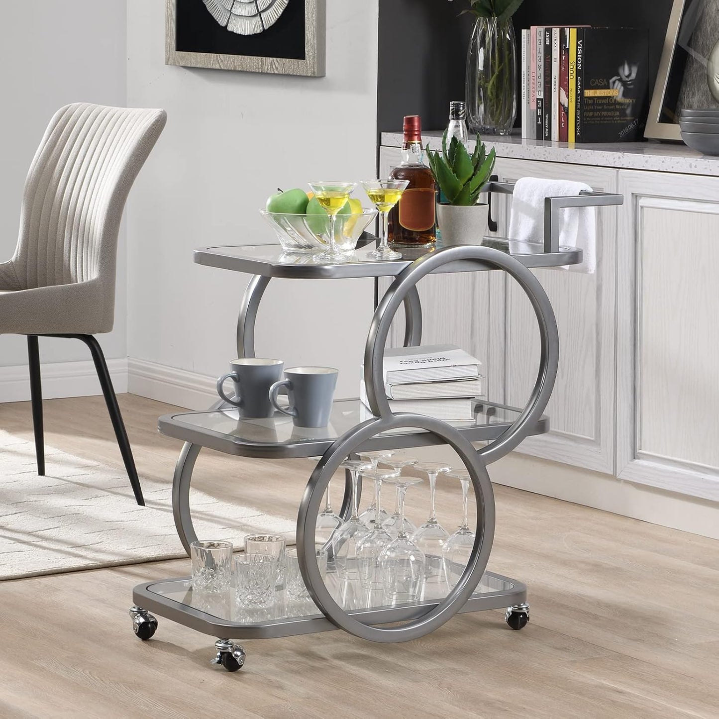 Home Bar Serving Carts 3 Tier Kitchen Carts on Wheels Mobile Bar Carts for Home Kitchen Dining Room Living Room Party, Chrome