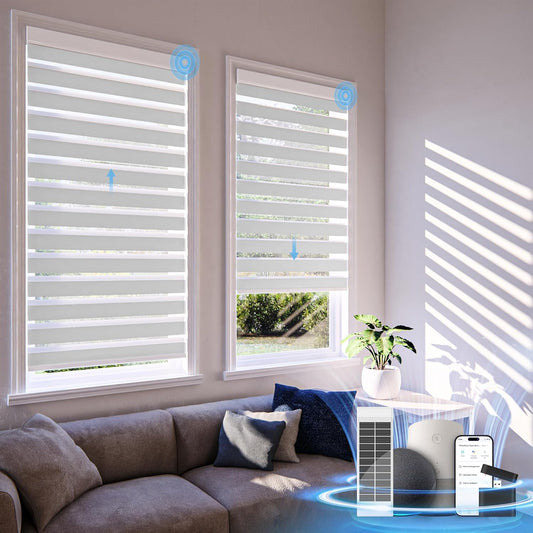 Motorized Zebra Blinds with Remote Control,Solar Powered Light Filtering Shades,Dual Layer Blinds for Windows,Horizontal Smart Window Blinds Cordless,Custom Size Electric Blinds,34" W X 72" H