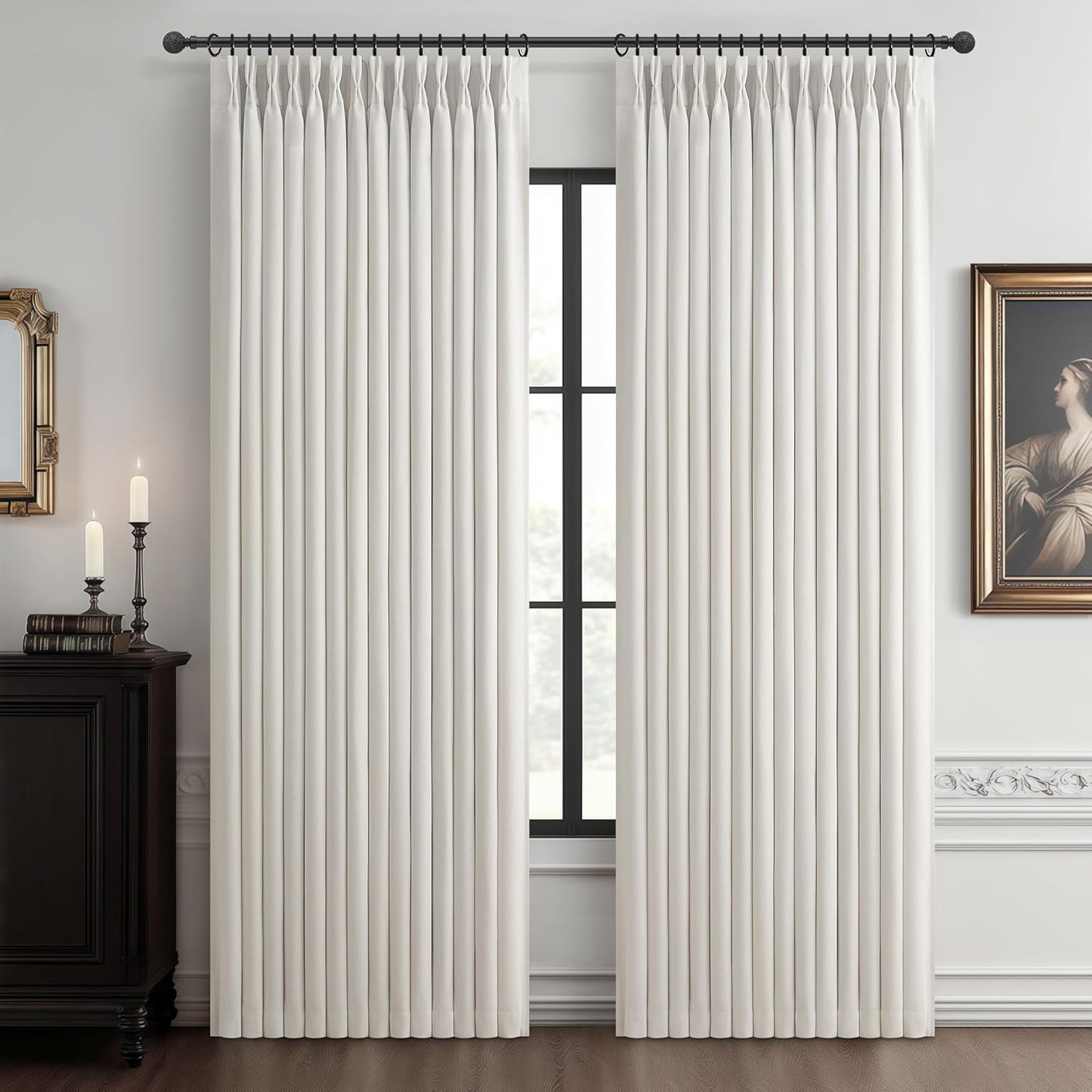 Pinch Pleated Off Beige White Mini Curtains 63 Inch Length 2 Panels Set for Kitchen Windows, Cute Blackout Two Layer Thick Linen Blend Light Blocking Drapes Back Tab for Laundry Room 63 Inches Curtain