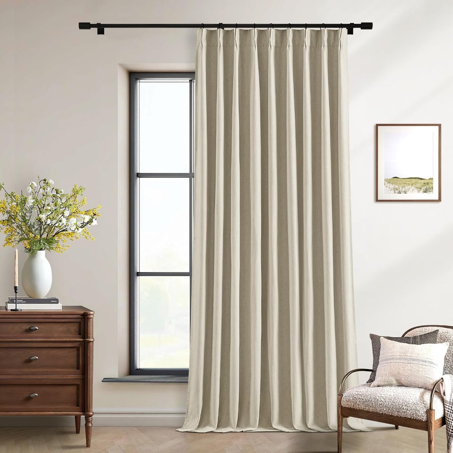 Beige Blackout Cafe Curtains 45 Inch Length 2 Panel Set Pinch Pleated Back Tab Linen Blend Black Out Short Curtains Boho Farmhouse Thermal Insulated Small Window Drapes for Bathroom Kitchen RV