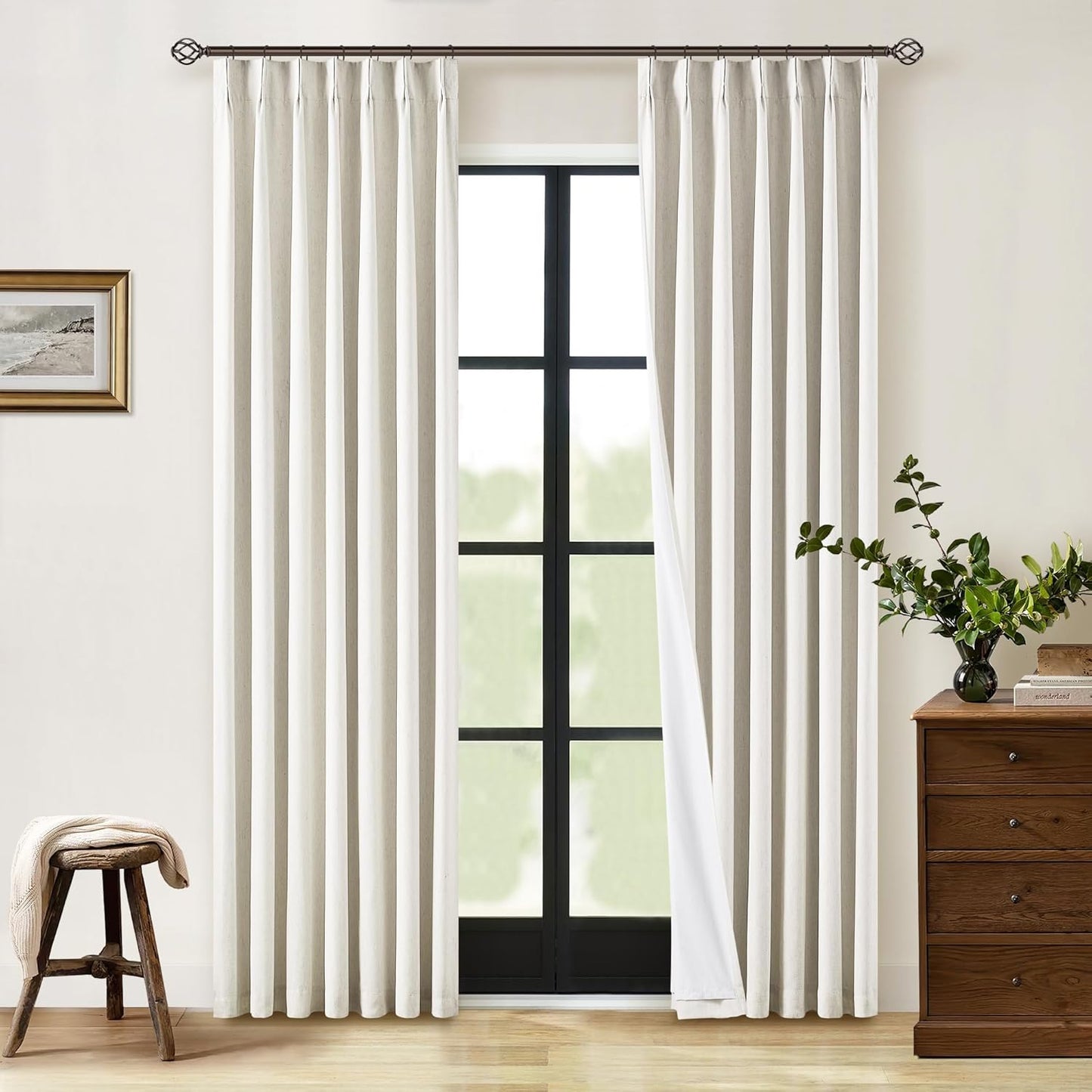 Beige Blackout Cafe Curtains 45 Inch Length 2 Panel Set Pinch Pleated Back Tab Linen Blend Black Out Short Curtains Boho Farmhouse Thermal Insulated Small Window Drapes for Bathroom Kitchen RV