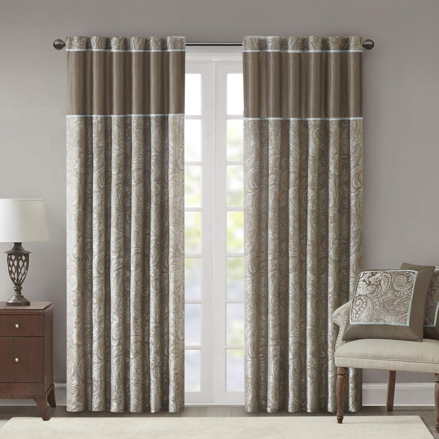 Madison Park Aubrey 2 Panel Curtain Faux Silk Paisley Jacquard, Rod Pocket Curtain For Living Room, Kitchen, Room Darkening Window Drape for Bedroom and Dorm, 2-PK 50x84", Navy