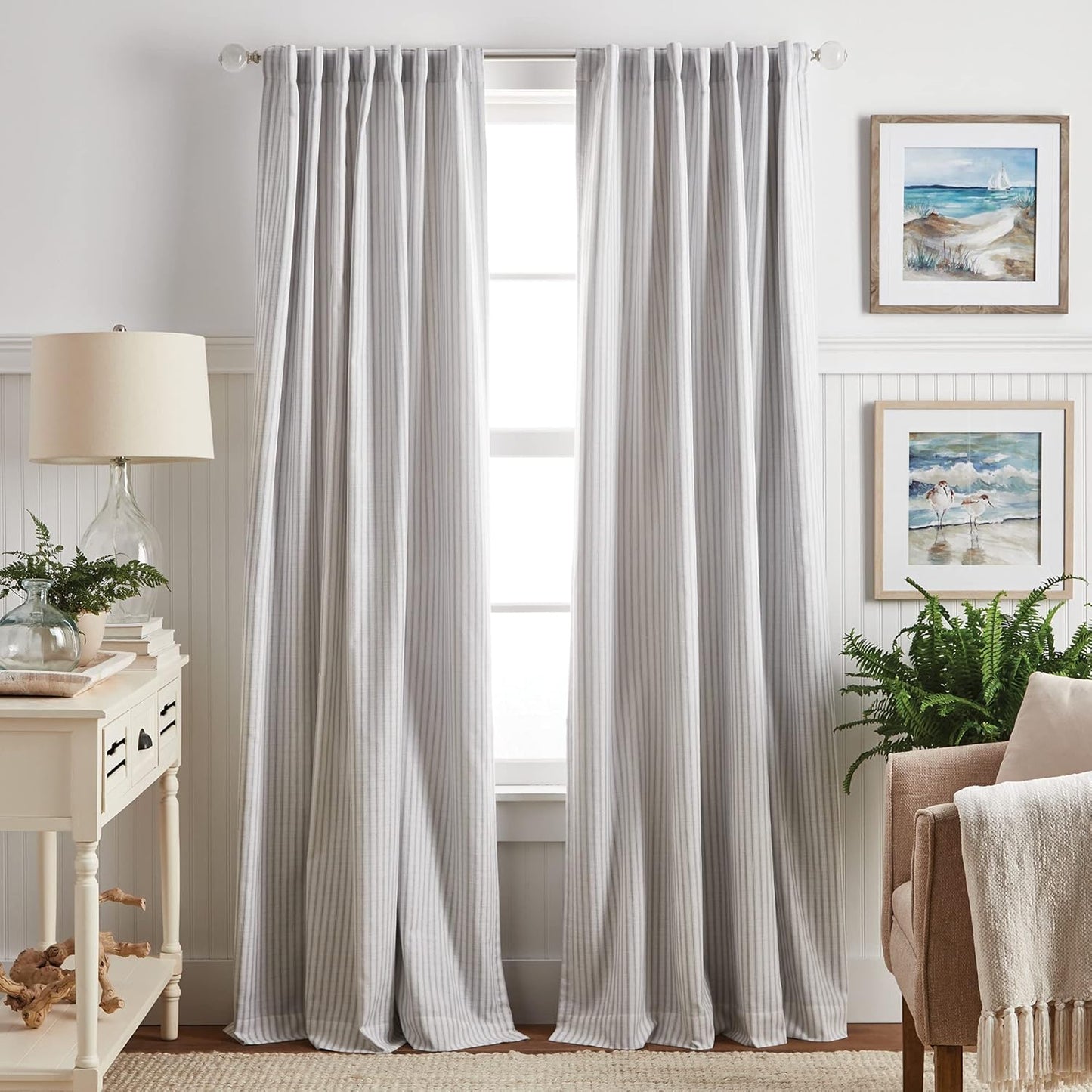 Martha Stewart Ticking Stripe Blackout Lining Rod Pocket/Back Tab Window Curtain Panel Pair, 84", White/Indigo, Set of 2