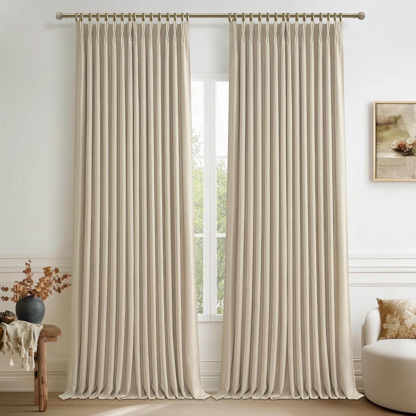 Pinch Pleated Off Beige White Mini Curtains 63 Inch Length 2 Panels Set for Kitchen Windows, Cute Blackout Two Layer Thick Linen Blend Light Blocking Drapes Back Tab for Laundry Room 63 Inches Curtain