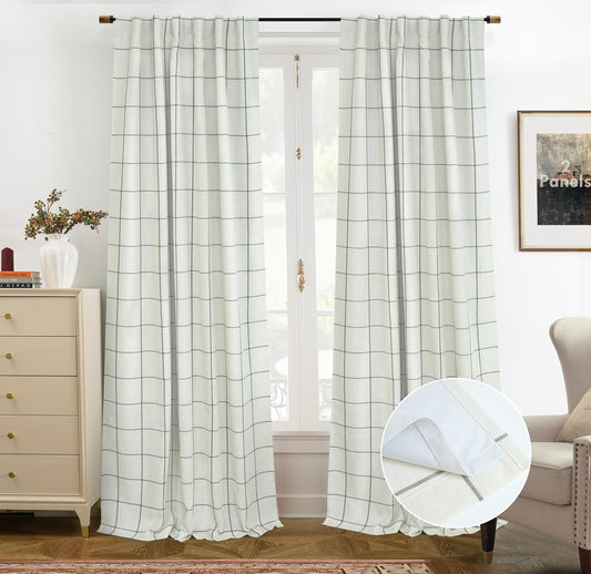 DriftAway 2 Panels 100% Blackout Windowpane Plaid Linen Curtains Double Layer Drapes for Bedroom 90 Inches Long Farmhouse Thermal Insulated 3.25 Inch Rod Pocket Back Tab for Living Room Black