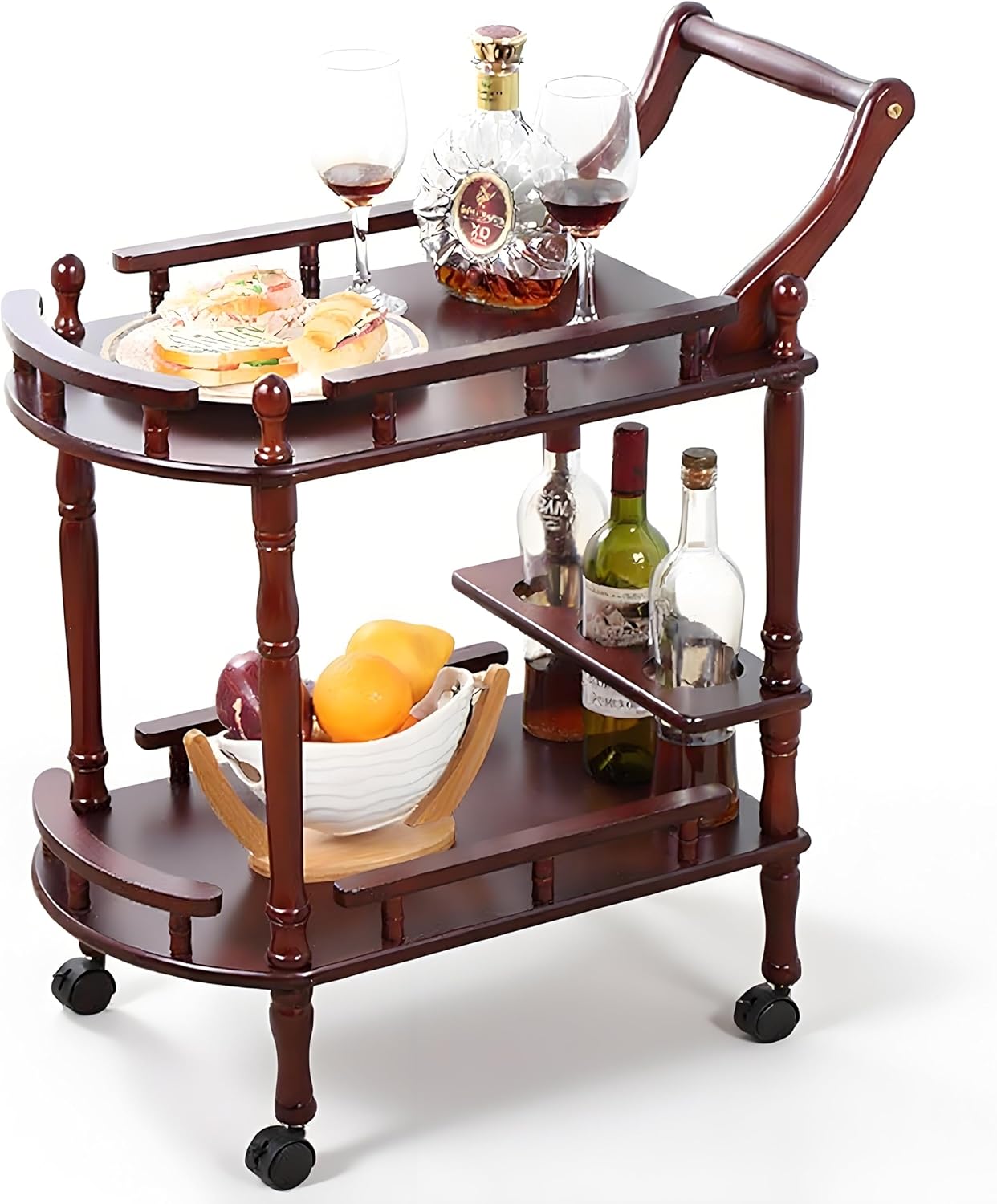 Entertainment Kitchen Cart, Midcentury Modern Imported rubberwood Brown Finished Wood 3-Tier Mobile Bar Cart Serving Cart