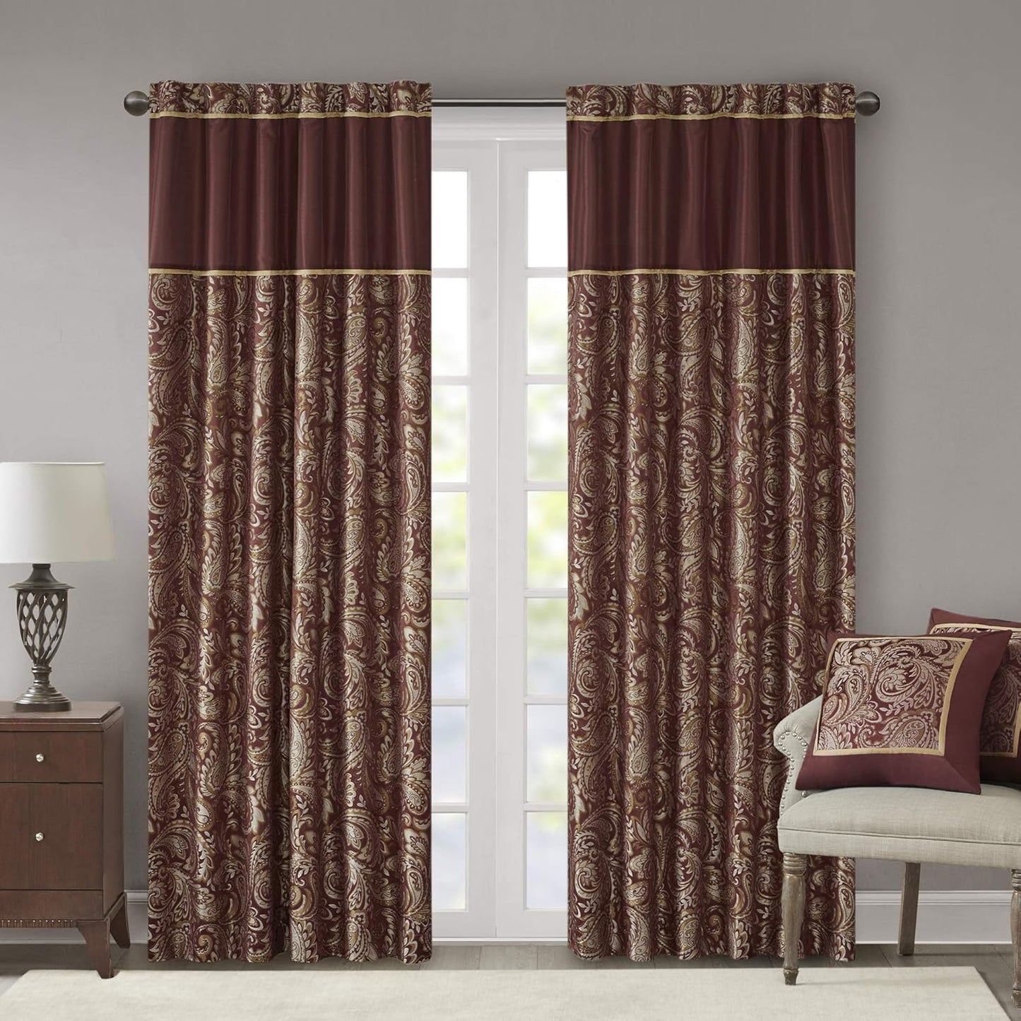 Madison Park Aubrey 2 Panel Curtain Faux Silk Paisley Jacquard, Rod Pocket Curtain For Living Room, Kitchen, Room Darkening Window Drape for Bedroom and Dorm, 2-PK 50x84", Navy