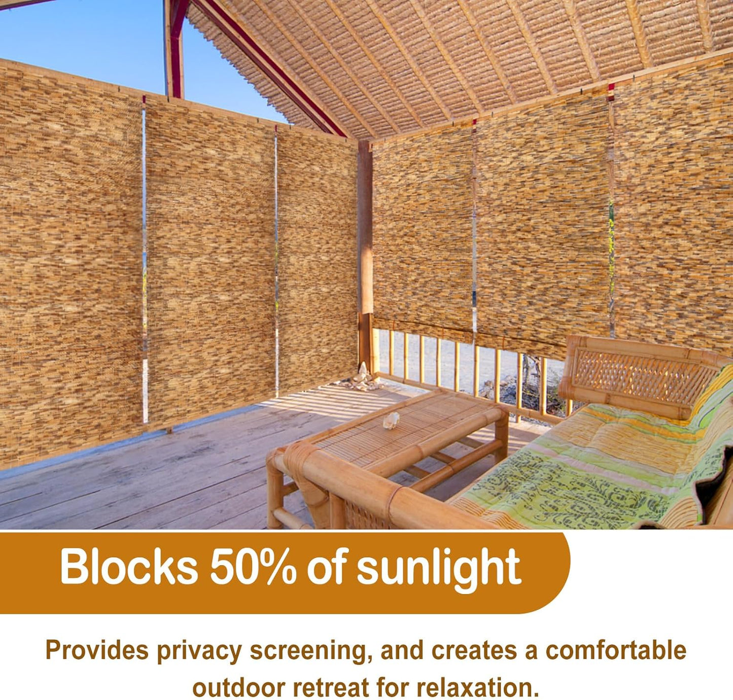 2 Pcs Bamboo Shades Outdoor Reed Roll Up Blinds 48" W x 72" H Blackout Sunshade Cordless Bamboo Blinds for Home Porch, Patio & Windows Decor Shutters Sunlight Privacy Screen