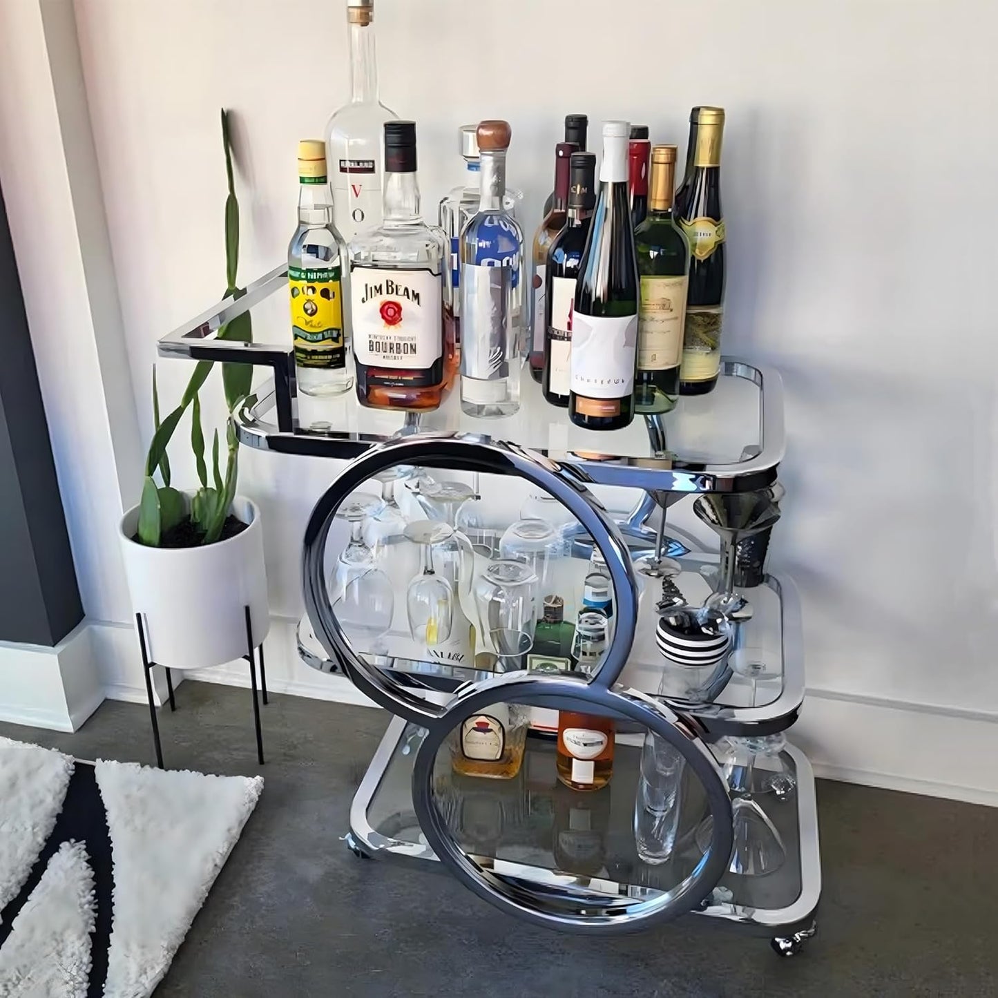 Home Bar Serving Carts 3 Tier Kitchen Carts on Wheels Mobile Bar Carts for Home Kitchen Dining Room Living Room Party, Chrome