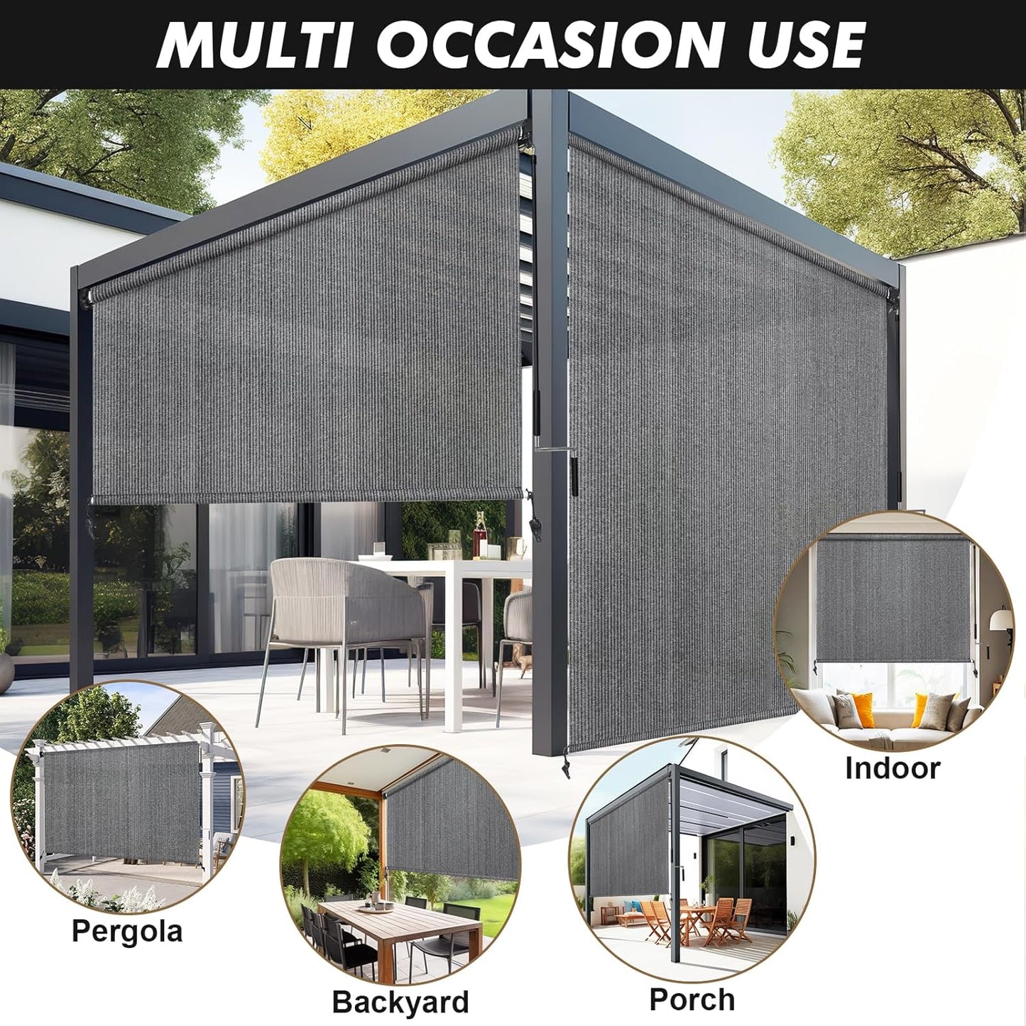 Artpuch Outdoor Roller Shade 8' W x 8' H, Gray Exterior Cordless Patio Shades Roll Up Blinds with Splicing Design, 2 Poles and 1 Piece Fabric