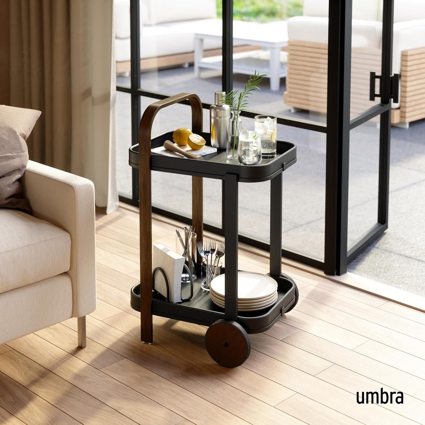 Umbra Bellwood Bar Cart, Serving Trolley, Side Table, Walnut/Black