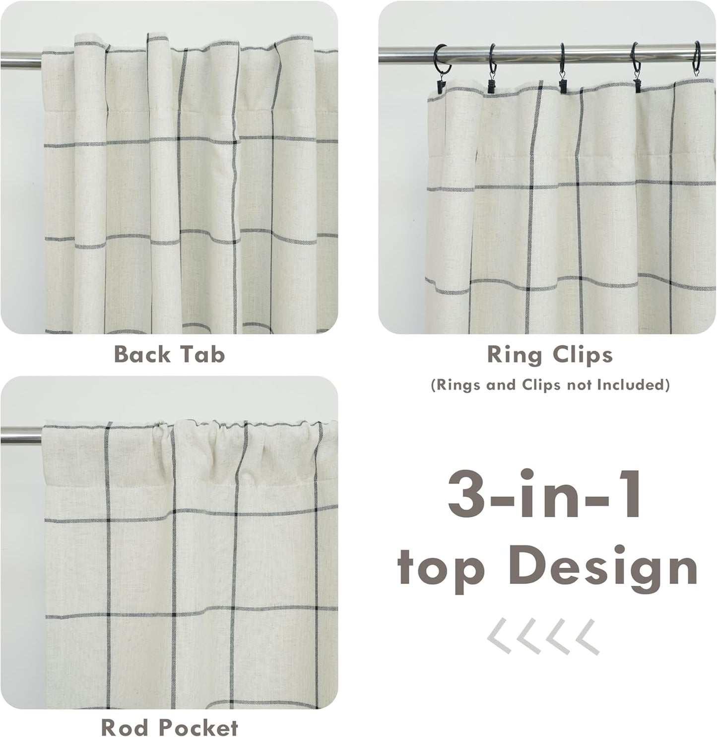 DriftAway 2 Panels 100% Blackout Windowpane Plaid Linen Curtains Double Layer Drapes for Bedroom 90 Inches Long Farmhouse Thermal Insulated 3.25 Inch Rod Pocket Back Tab for Living Room Black