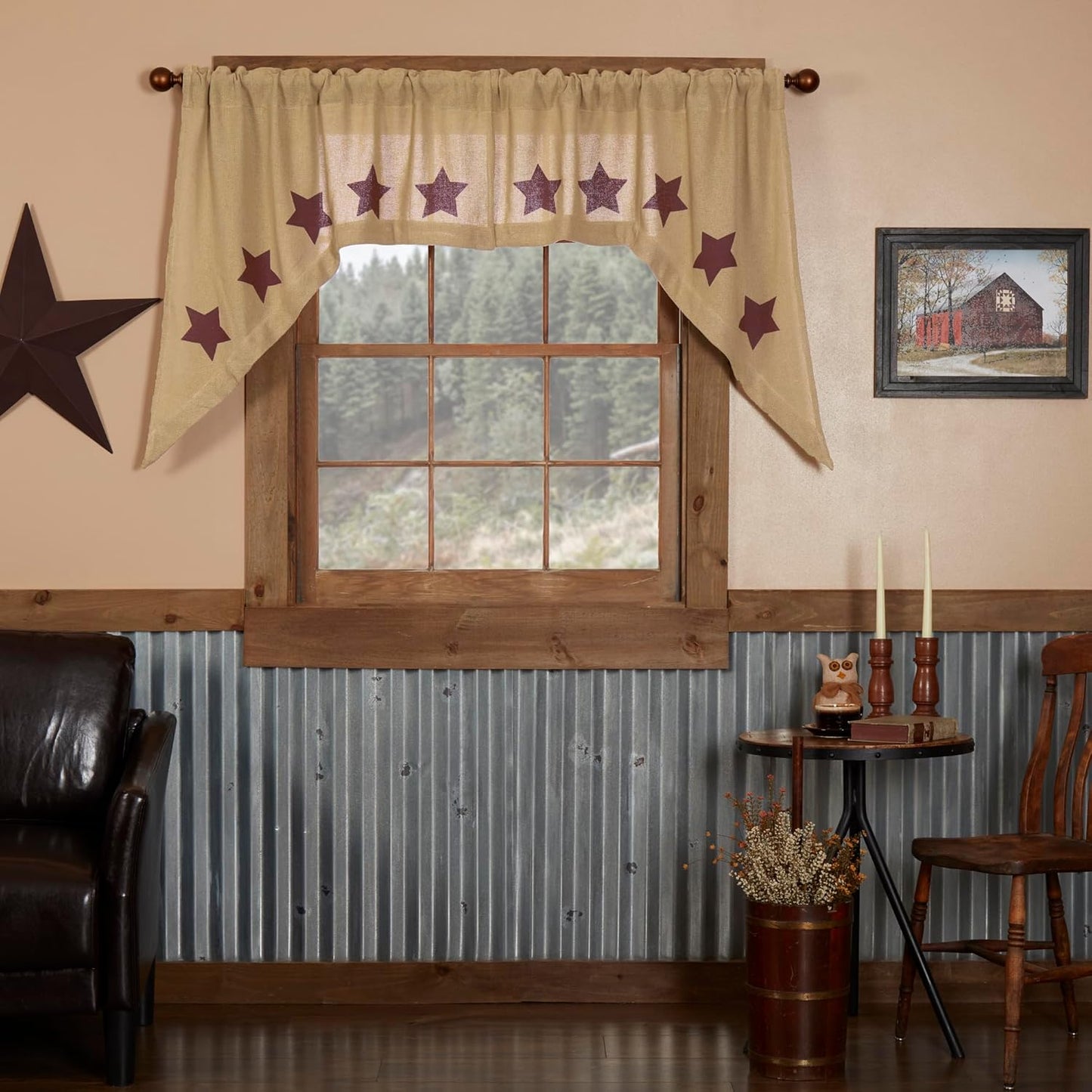 VHC Brands Black Check Scalloped Short Panel Set of 2 63x36 Country Curtains, Black and Tan