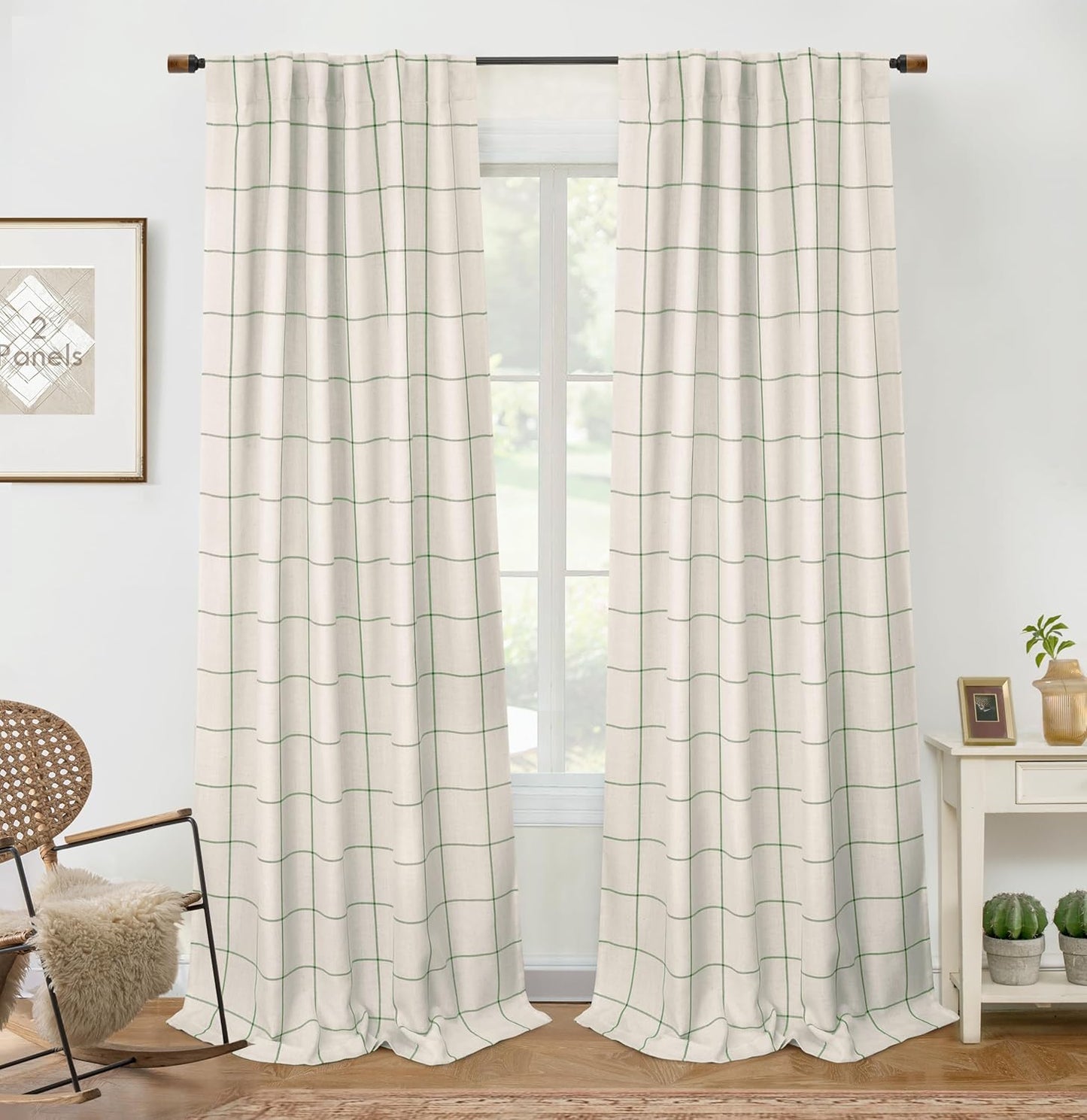 DriftAway 2 Panels 100% Blackout Windowpane Plaid Linen Curtains Double Layer Drapes for Bedroom 90 Inches Long Farmhouse Thermal Insulated 3.25 Inch Rod Pocket Back Tab for Living Room Black
