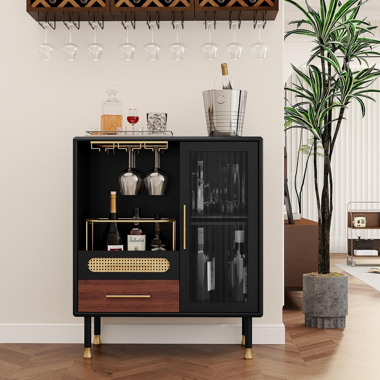 ARTPOWER Modern Coffee Bar Cabinet with Wine Glass Rack and Drawers, Black Liquor Cabinet with Pull-Out Wine Storage for Kitchen, Dining Room, Living Room