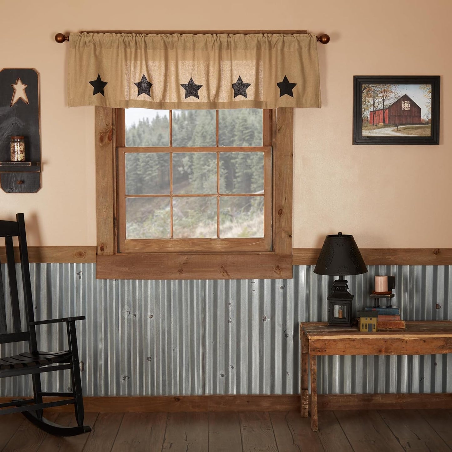 VHC Brands Black Check Scalloped Short Panel Set of 2 63x36 Country Curtains, Black and Tan