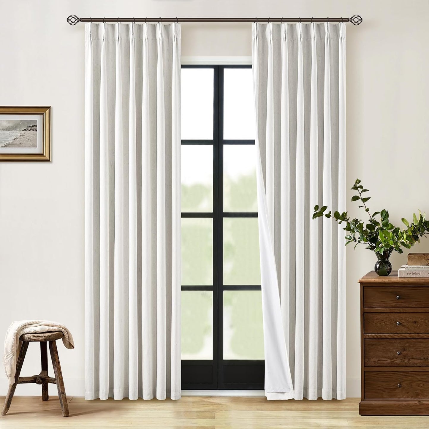 Beige Blackout Cafe Curtains 45 Inch Length 2 Panel Set Pinch Pleated Back Tab Linen Blend Black Out Short Curtains Boho Farmhouse Thermal Insulated Small Window Drapes for Bathroom Kitchen RV