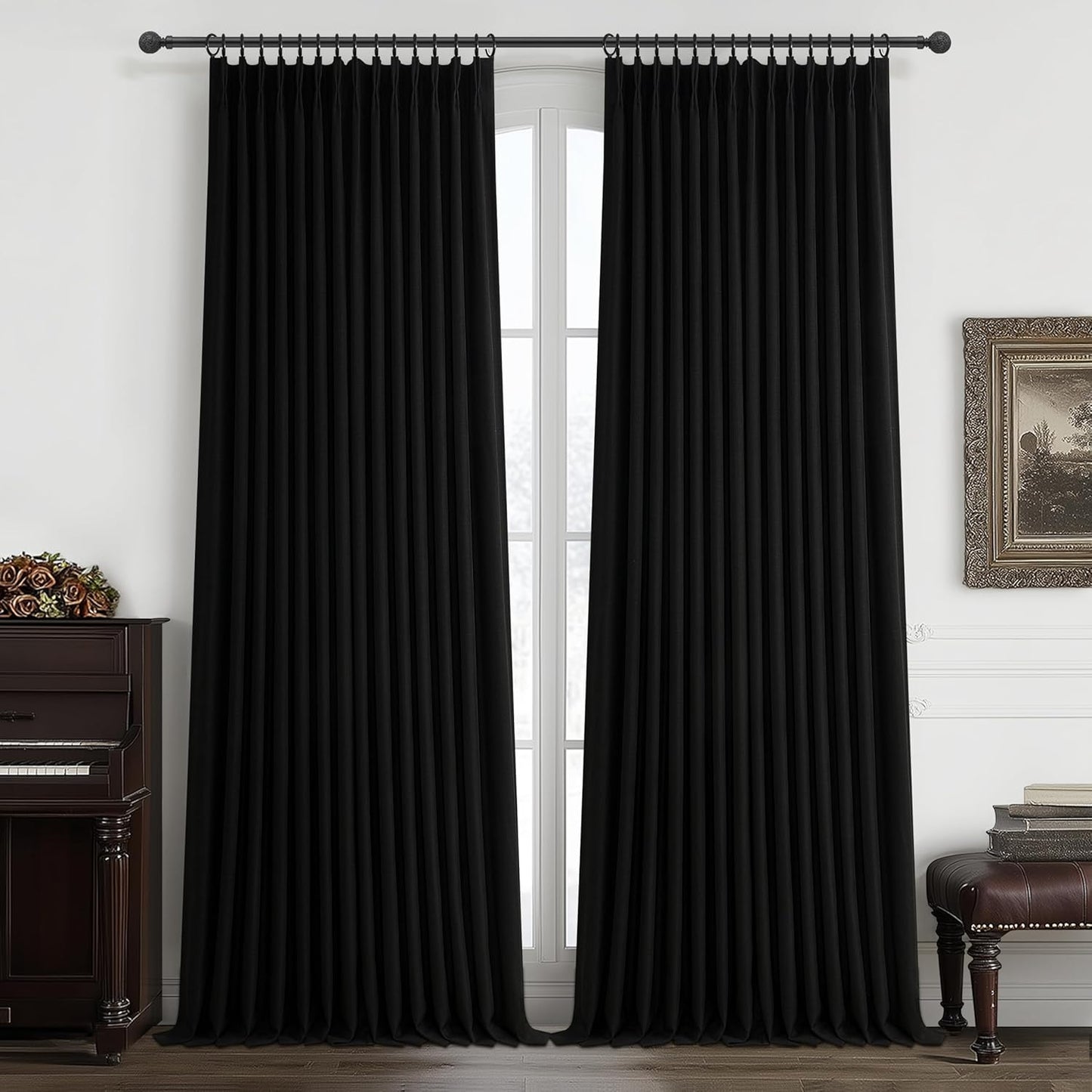 Pinch Pleated Off Beige White Mini Curtains 63 Inch Length 2 Panels Set for Kitchen Windows, Cute Blackout Two Layer Thick Linen Blend Light Blocking Drapes Back Tab for Laundry Room 63 Inches Curtain