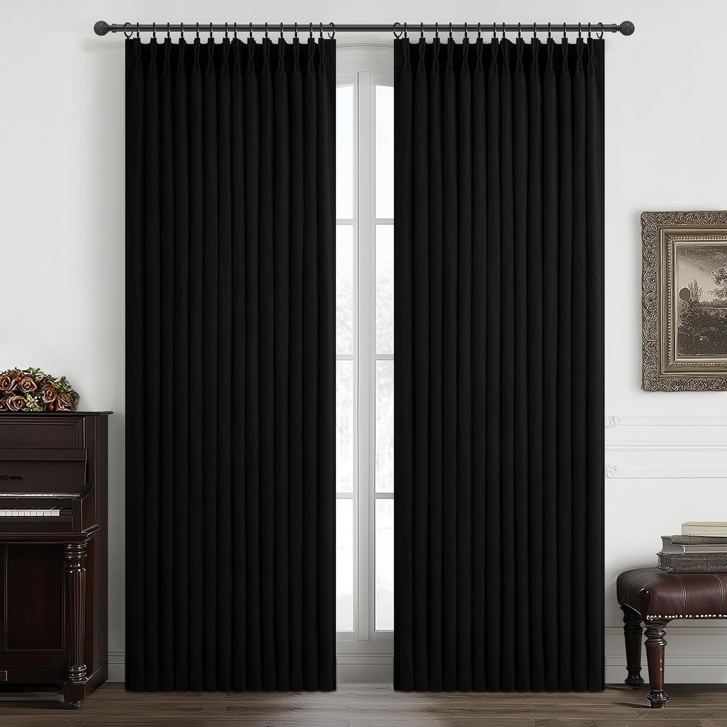 Pinch Pleated Off Beige White Mini Curtains 63 Inch Length 2 Panels Set for Kitchen Windows, Cute Blackout Two Layer Thick Linen Blend Light Blocking Drapes Back Tab for Laundry Room 63 Inches Curtain
