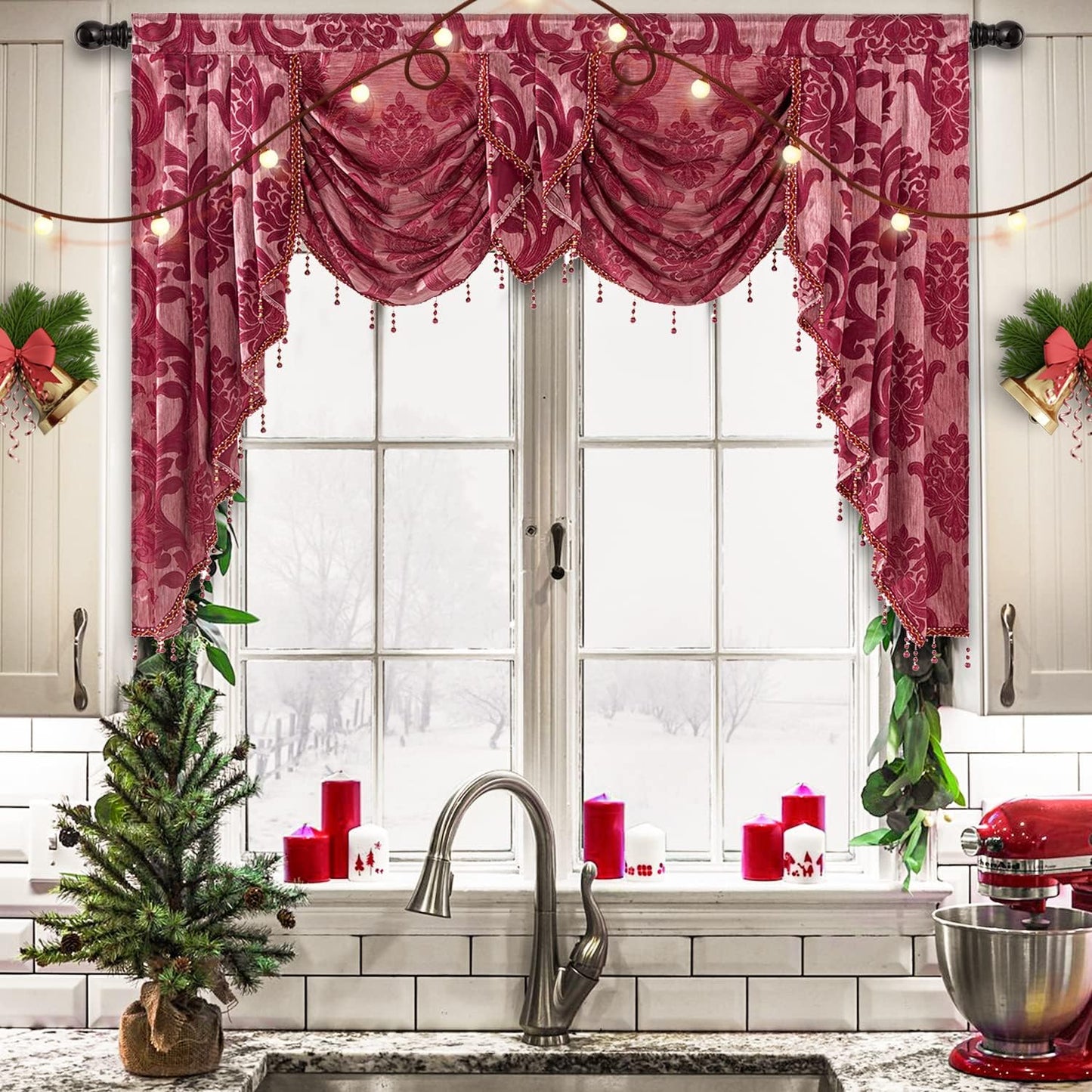 NAPEARL Jabot Curtains Valances and Swags-European Style Kitchen Window Valance, Luxury Jacquard Waterfall Valance Curtains for Living Room (1 Black Valance, 81-Inch Wide)