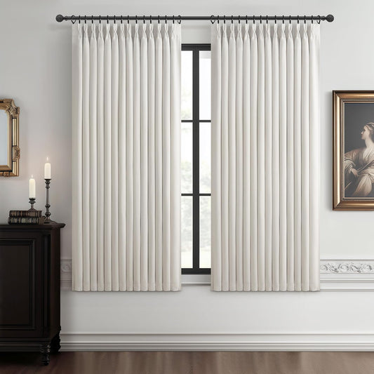 Pinch Pleated Off Beige White Mini Curtains 63 Inch Length 2 Panels Set for Kitchen Windows, Cute Blackout Two Layer Thick Linen Blend Light Blocking Drapes Back Tab for Laundry Room 63 Inches Curtain