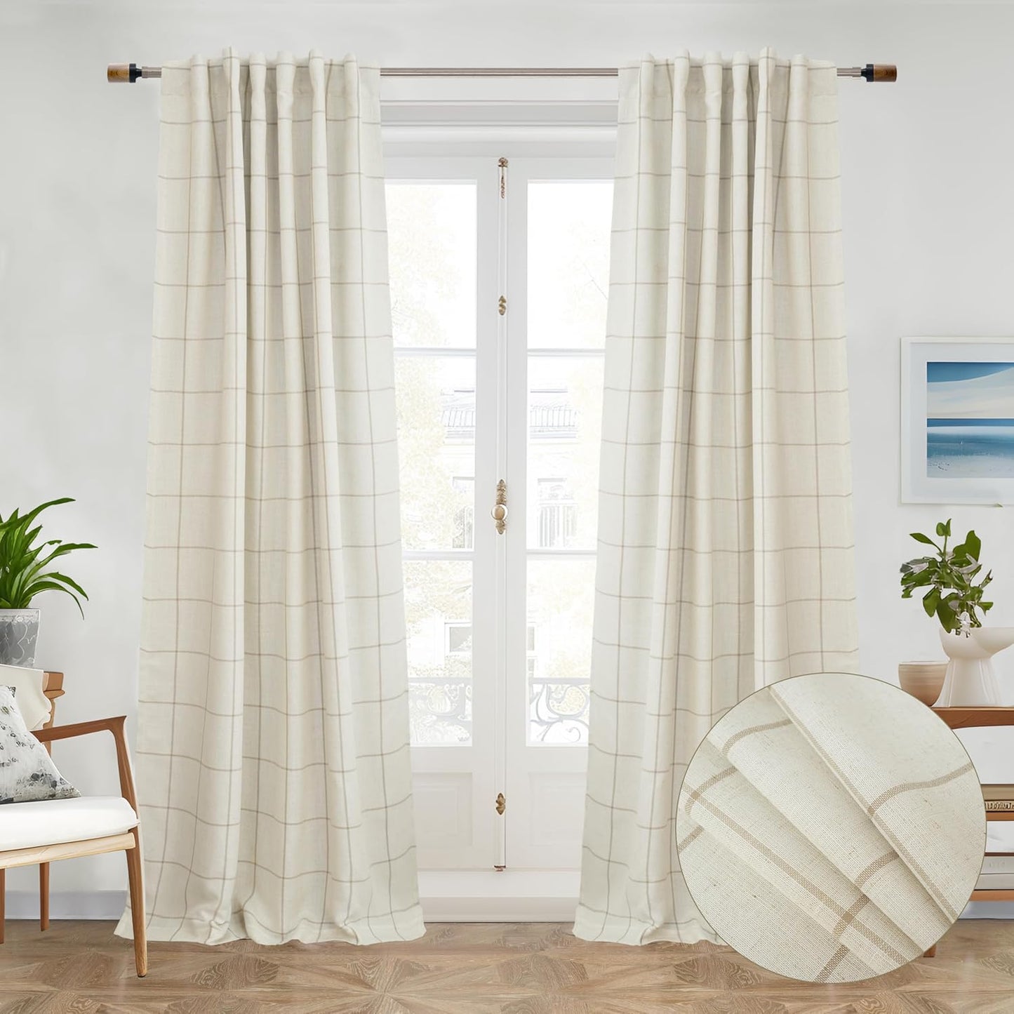 DriftAway 2 Panels 100% Blackout Windowpane Plaid Linen Curtains Double Layer Drapes for Bedroom 90 Inches Long Farmhouse Thermal Insulated 3.25 Inch Rod Pocket Back Tab for Living Room Black