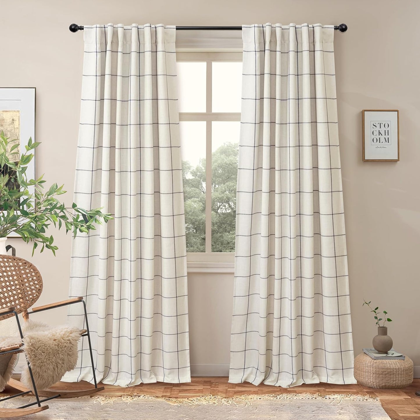 DriftAway 2 Panels 100% Blackout Windowpane Plaid Linen Curtains Double Layer Drapes for Bedroom 90 Inches Long Farmhouse Thermal Insulated 3.25 Inch Rod Pocket Back Tab for Living Room Black