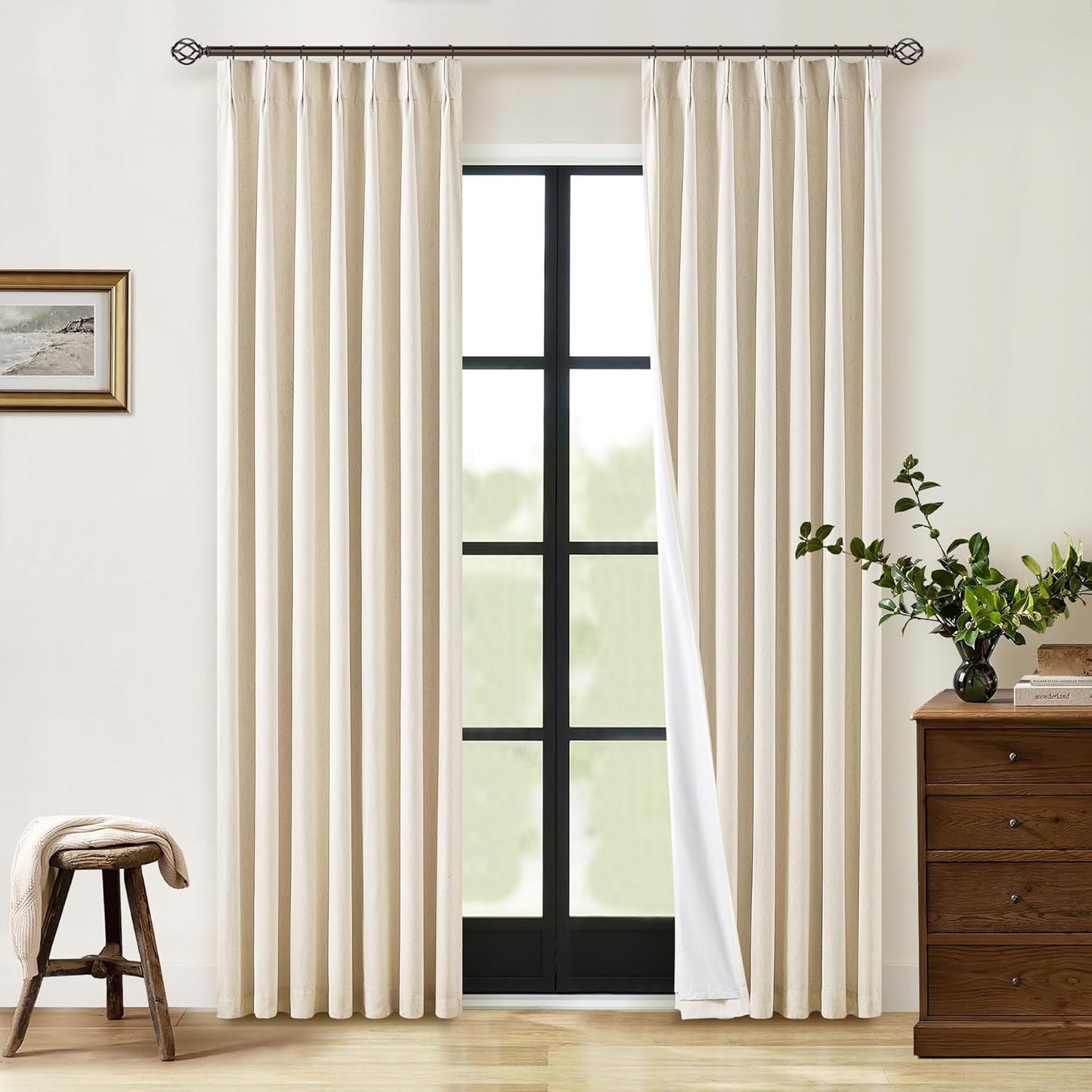 Beige Blackout Cafe Curtains 45 Inch Length 2 Panel Set Pinch Pleated Back Tab Linen Blend Black Out Short Curtains Boho Farmhouse Thermal Insulated Small Window Drapes for Bathroom Kitchen RV