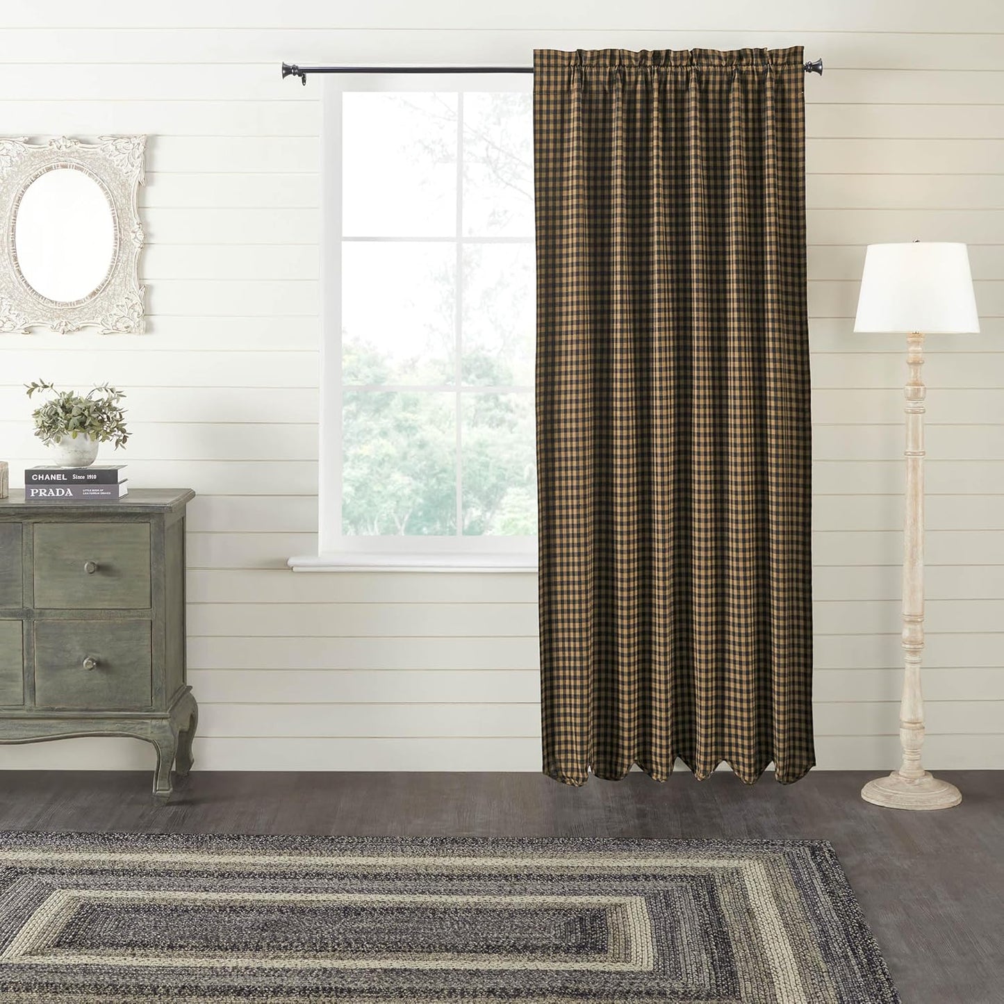 VHC Brands Black Check Scalloped Short Panel Set of 2 63x36 Country Curtains, Black and Tan