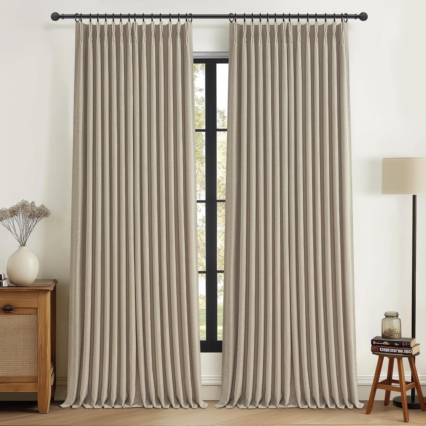 Pinch Pleated Off Beige White Mini Curtains 63 Inch Length 2 Panels Set for Kitchen Windows, Cute Blackout Two Layer Thick Linen Blend Light Blocking Drapes Back Tab for Laundry Room 63 Inches Curtain