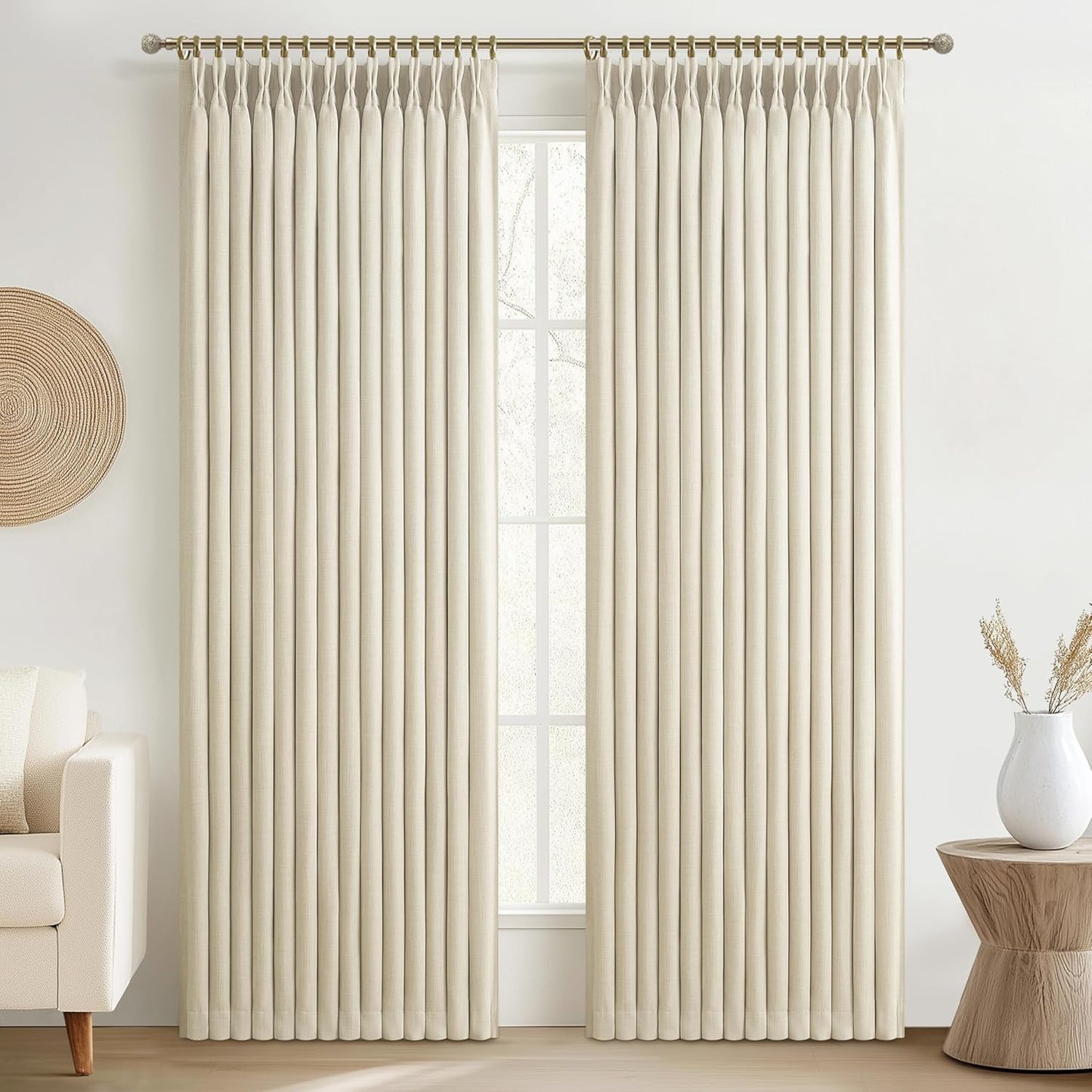 Pinch Pleated Off Beige White Mini Curtains 63 Inch Length 2 Panels Set for Kitchen Windows, Cute Blackout Two Layer Thick Linen Blend Light Blocking Drapes Back Tab for Laundry Room 63 Inches Curtain