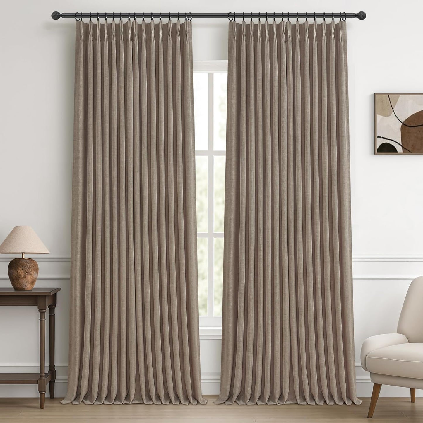 Pinch Pleated Off Beige White Mini Curtains 63 Inch Length 2 Panels Set for Kitchen Windows, Cute Blackout Two Layer Thick Linen Blend Light Blocking Drapes Back Tab for Laundry Room 63 Inches Curtain
