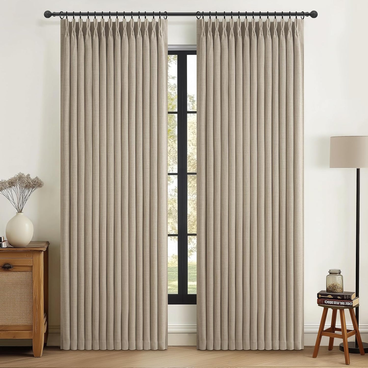 Pinch Pleated Off Beige White Mini Curtains 63 Inch Length 2 Panels Set for Kitchen Windows, Cute Blackout Two Layer Thick Linen Blend Light Blocking Drapes Back Tab for Laundry Room 63 Inches Curtain