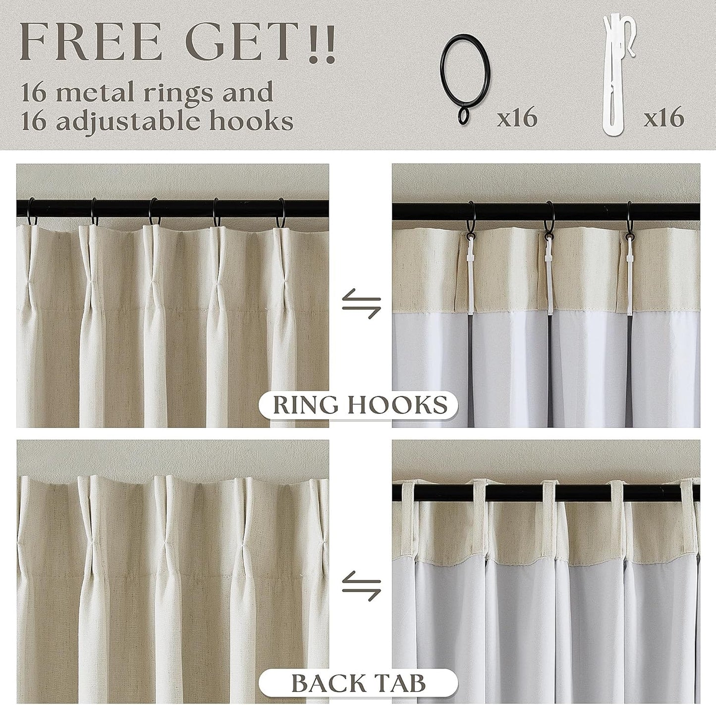 Beige Blackout Cafe Curtains 45 Inch Length 2 Panel Set Pinch Pleated Back Tab Linen Blend Black Out Short Curtains Boho Farmhouse Thermal Insulated Small Window Drapes for Bathroom Kitchen RV