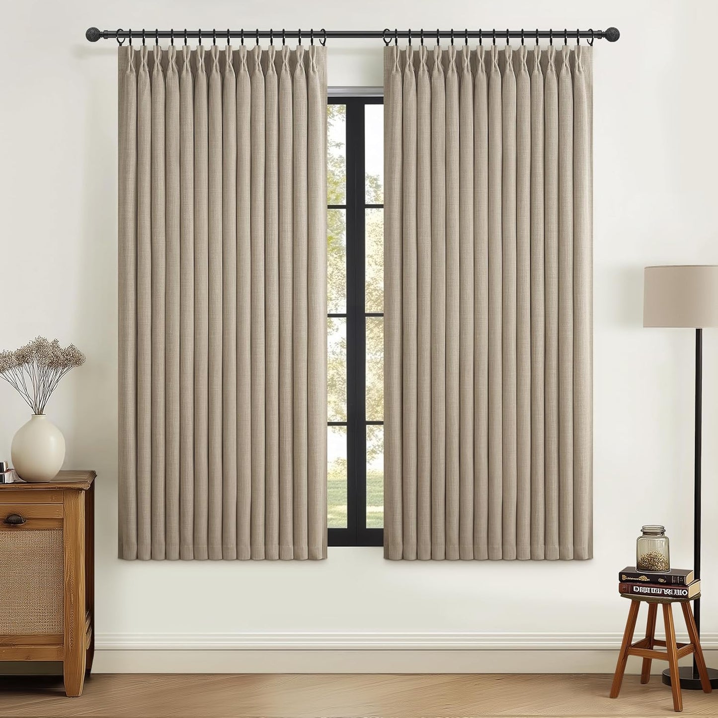 Pinch Pleated Off Beige White Mini Curtains 63 Inch Length 2 Panels Set for Kitchen Windows, Cute Blackout Two Layer Thick Linen Blend Light Blocking Drapes Back Tab for Laundry Room 63 Inches Curtain