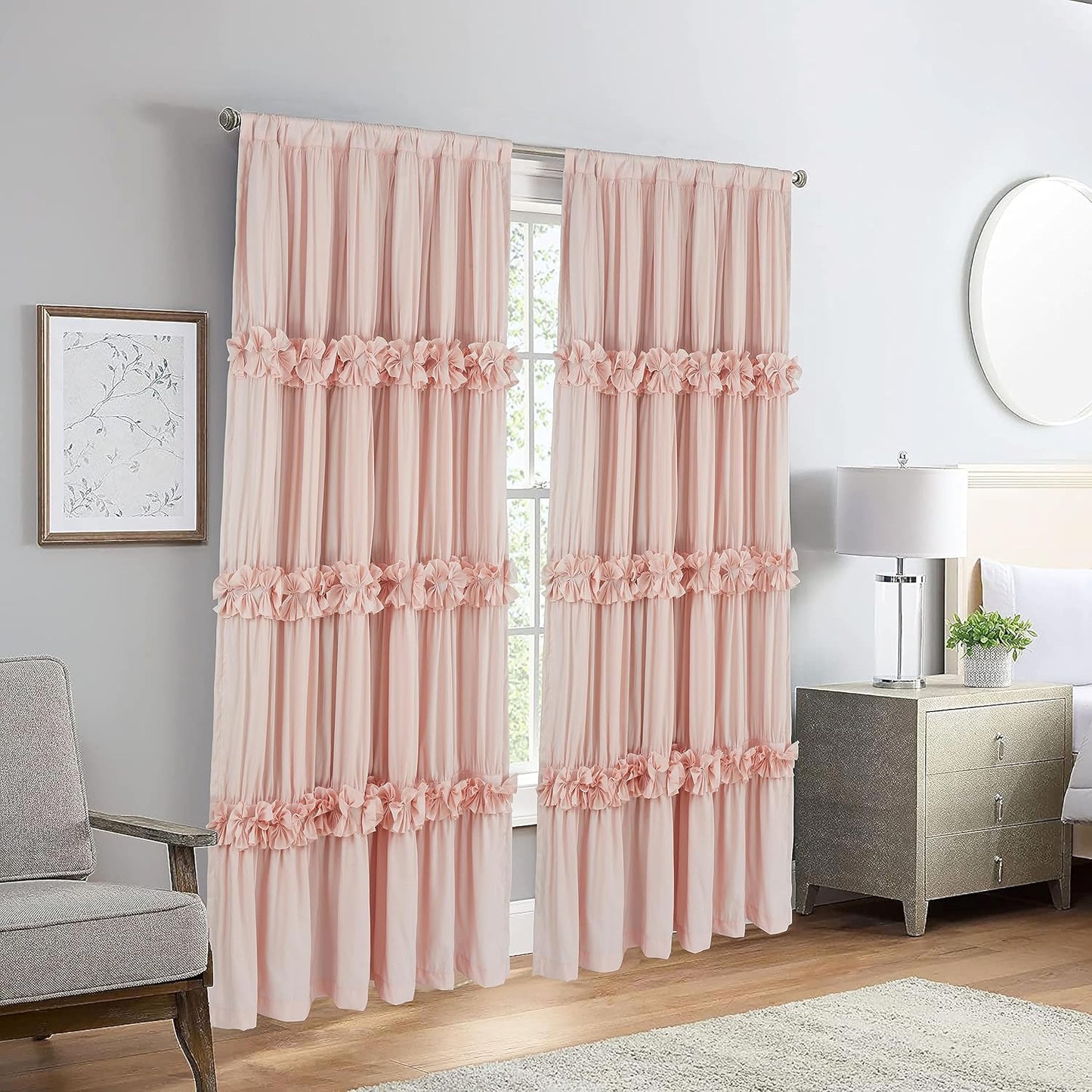 Thermal Insulated Blackout Window Curtains, 54" W x 84" L x 2 Panels, Boho Ruched Window Treatments with 3 Rows of Butterfly Flowers, Rustic Rod Pocket Drapes, Peach Pink (LQ-30)